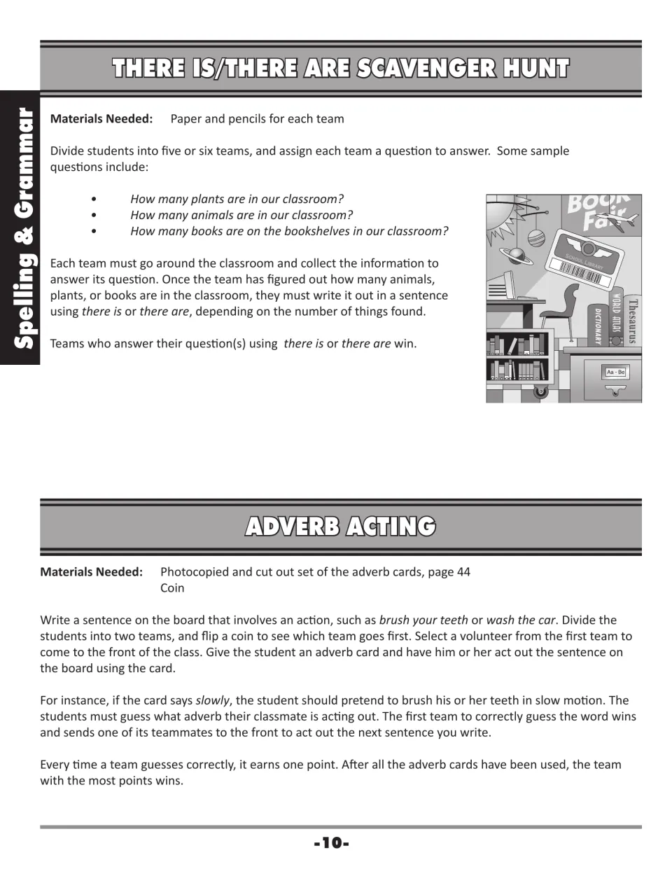 There Is/There Are Scavenger Hunt and Adverb Acting: teams count classroom items, write sentences, and act out adverb cards