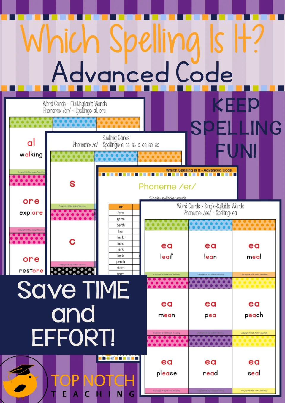 Cover of the advanced code spelling card game, showing sample spelling cards, word cards, and a word list