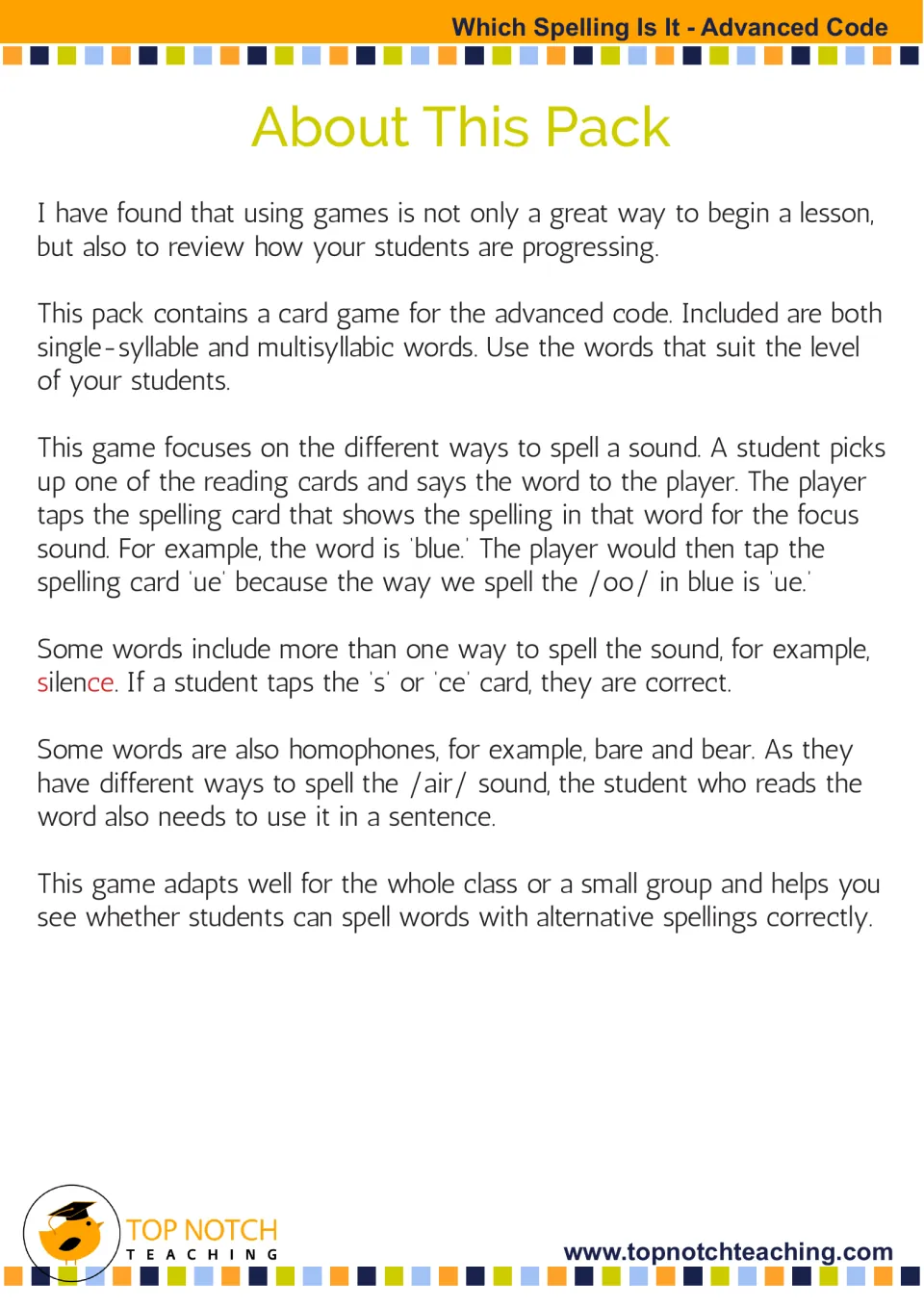 Game overview explains matching sounds to spellings, choosing word difficulty, and using homophones in sentences