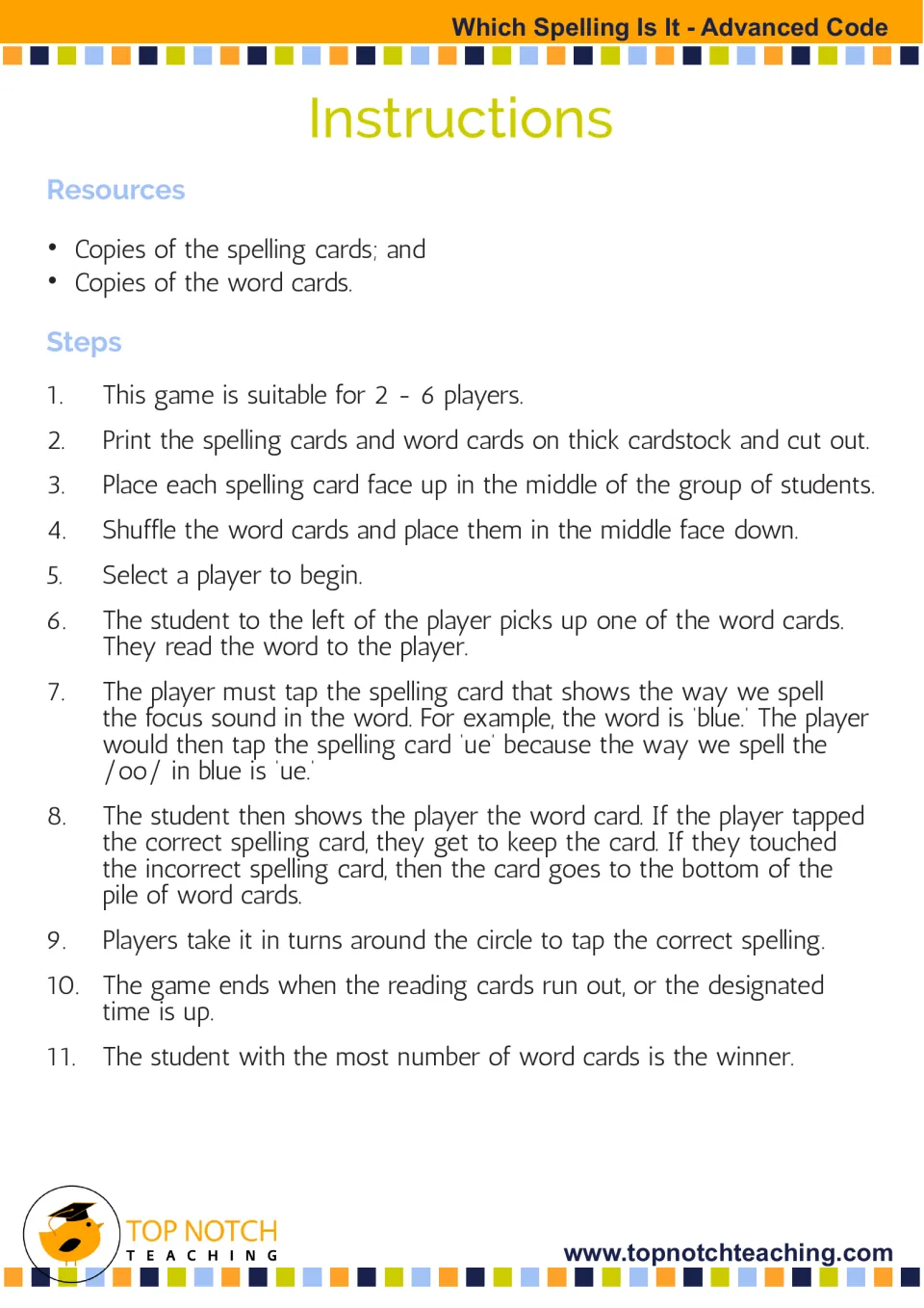 Spelling game instructions give 11 steps for 2–6 players to read words, tap spellings, and collect cards