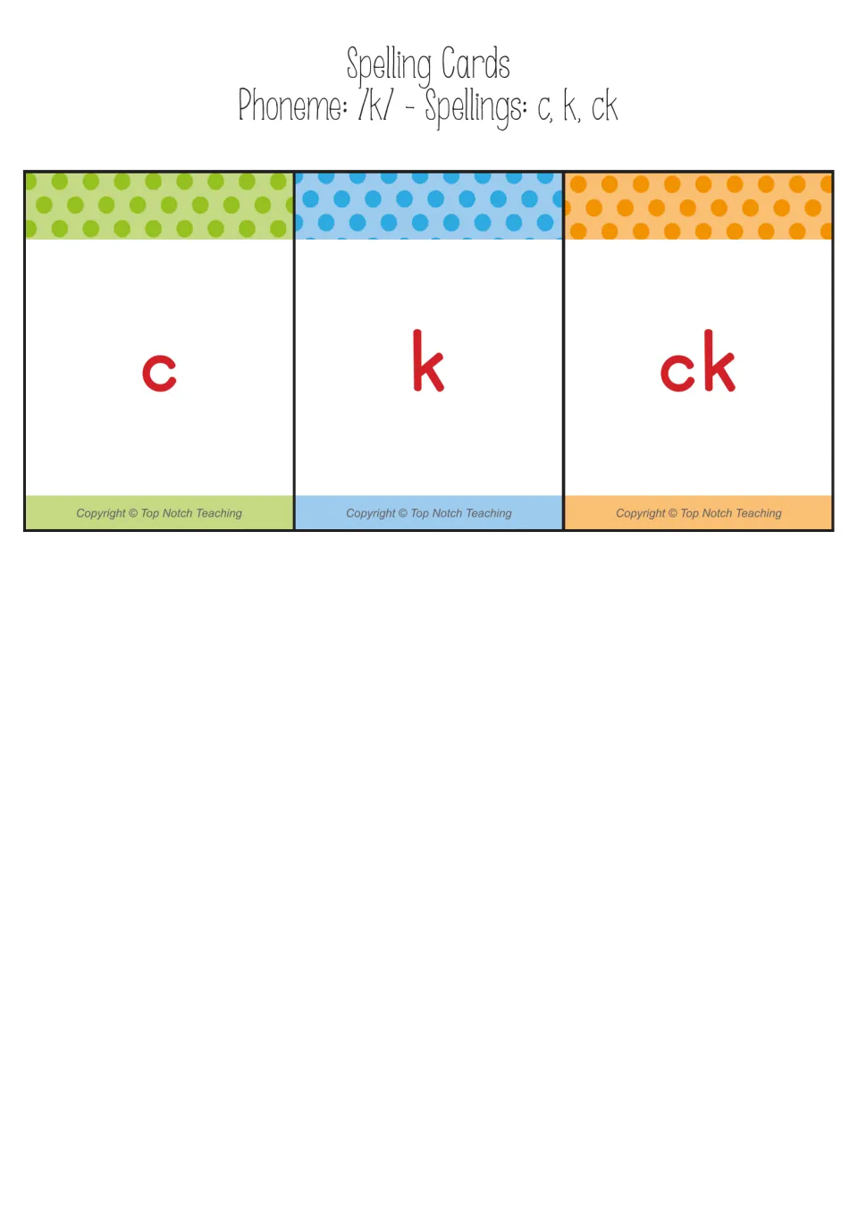 Three spelling cards labeled c, k, and ck for players to tap when matching the /k/ sound in a spoken word