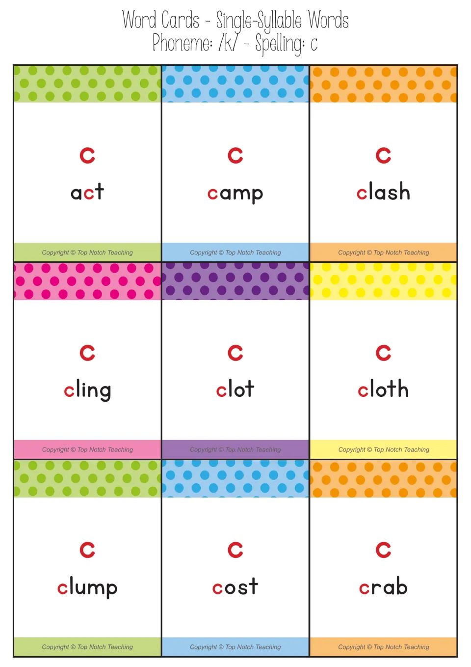 Nine /k/ word cards for spelling c: act, camp, clash, cling, clot, cloth, clump, cost, and crab