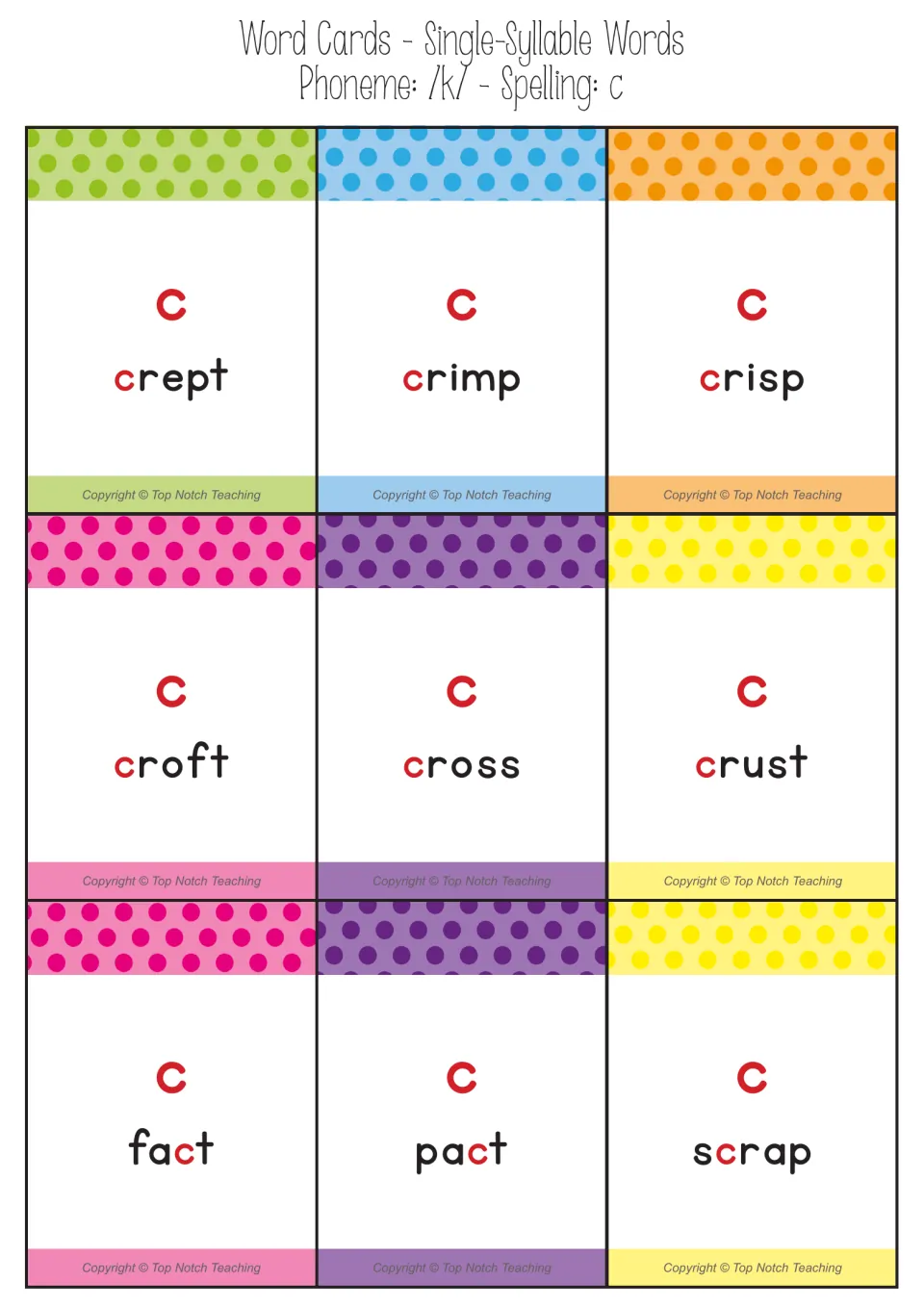 Nine /k/ word cards for spelling c: crept, crimp, crisp, croft, cross, crust, fact, pact, and scrap