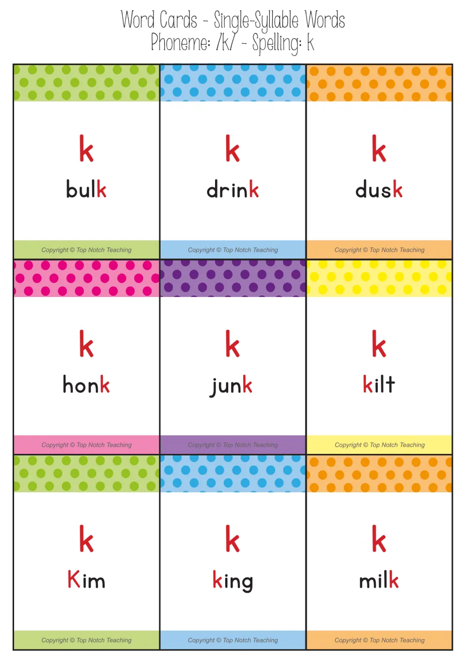 Nine /k/ word cards for spelling k: bulk, drink, dusk, honk, junk, kilt, Kim, king, and milk