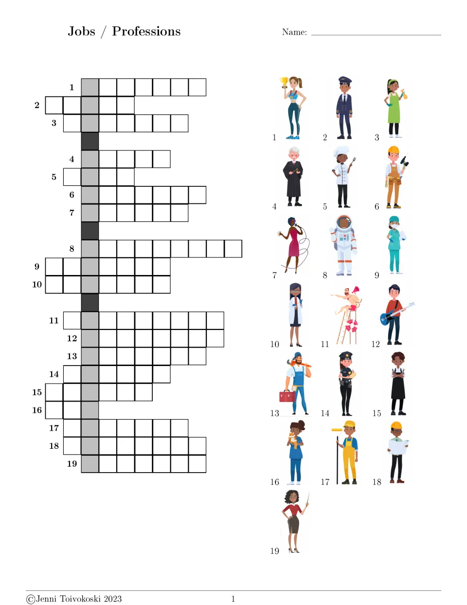Jobs and professions crossword: students spell the job shown in each of 19 numbered pictures, such as pilot or judge