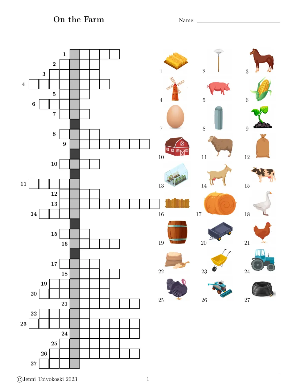 On the Farm picture crossword: students spell 27 farm words like horse, windmill and tractor from numbered picture clues