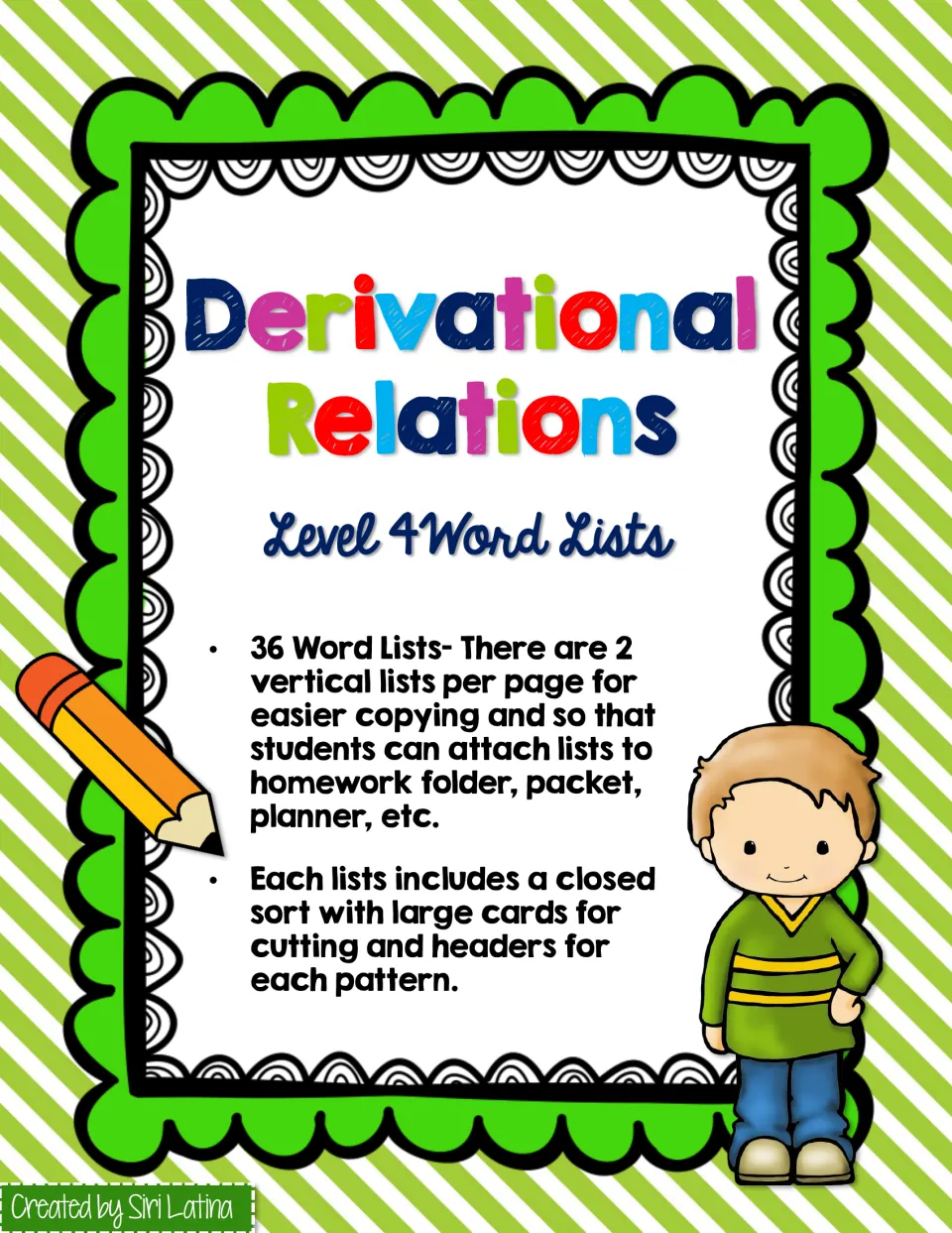 Derivational Relations Level 4 Word Lists cover: 36 word lists, 2 per page, each with a closed sort and pattern headers