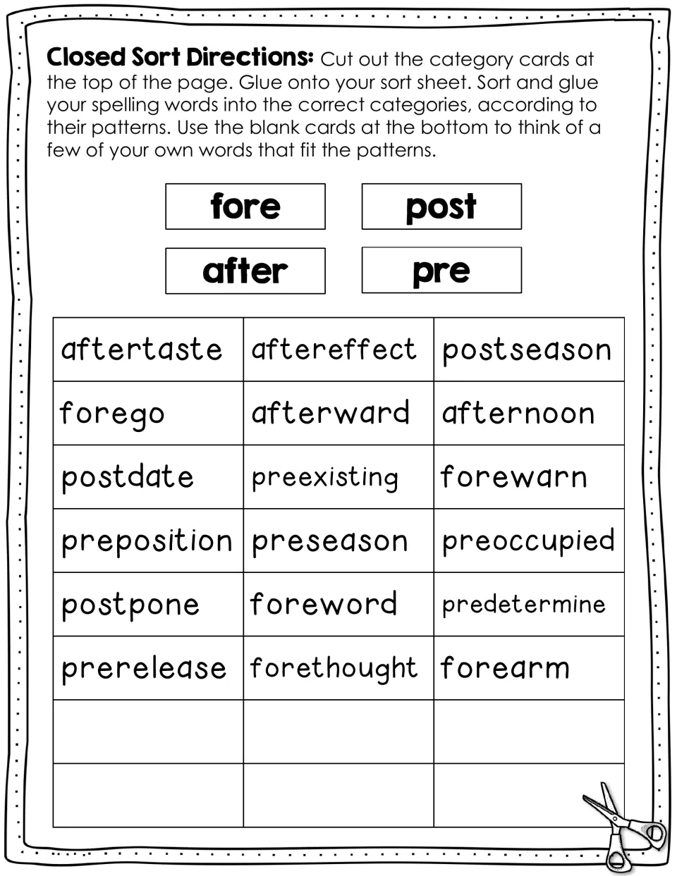 Prefix closed sort: students cut out fore, post, after and pre headers and 18 word cards, then glue each word by its prefix