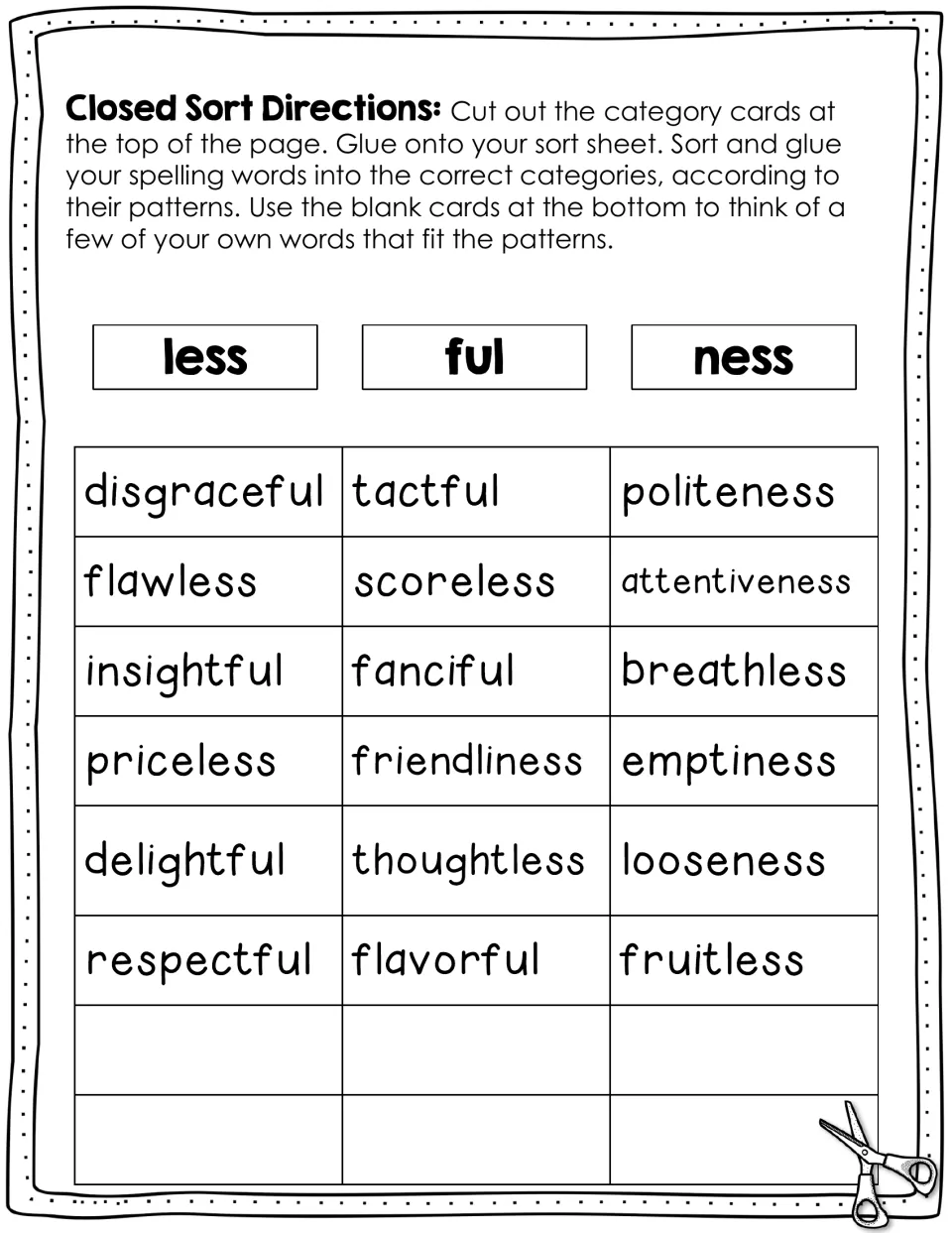 Less, ful and ness closed sort: students cut out 18 word cards like flawless and politeness and glue each under its suffix