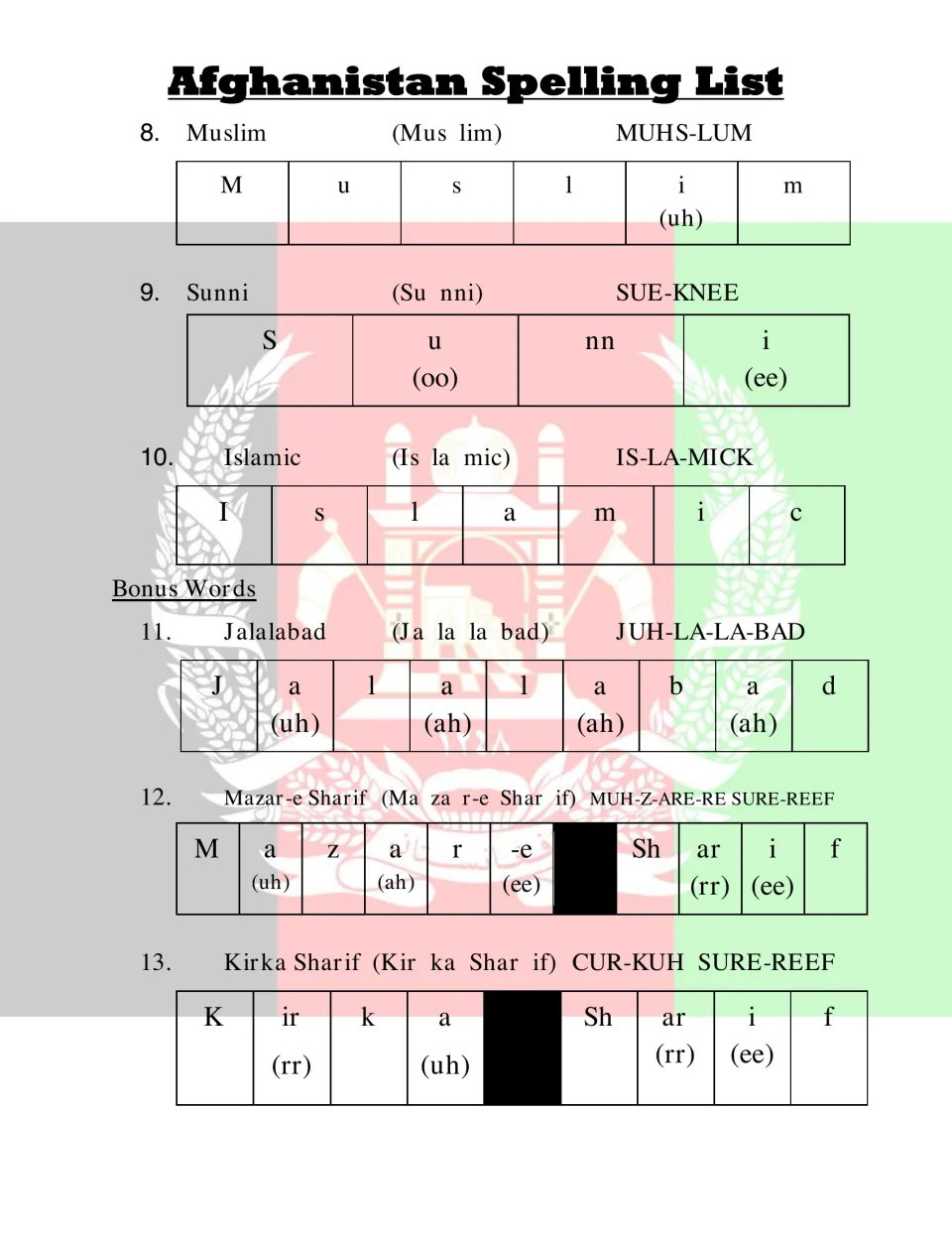 Spelling words 8–13: Muslim, Sunni, Islamic and three bonus terms, with syllables and pronunciation guides
