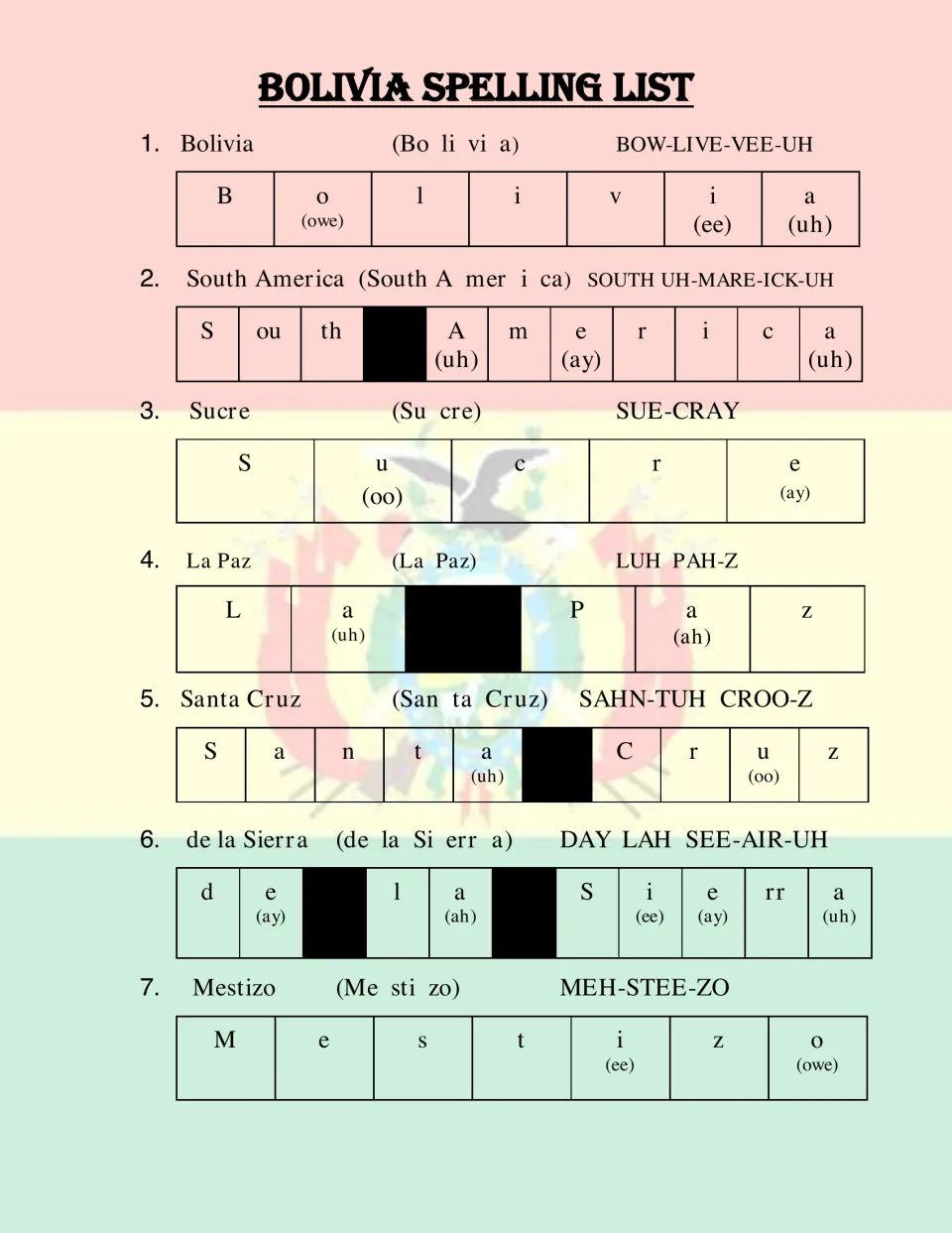 Bolivia spelling words 1-7, Bolivia to Mestizo, each split into syllables and letters with a sound-it-out guide