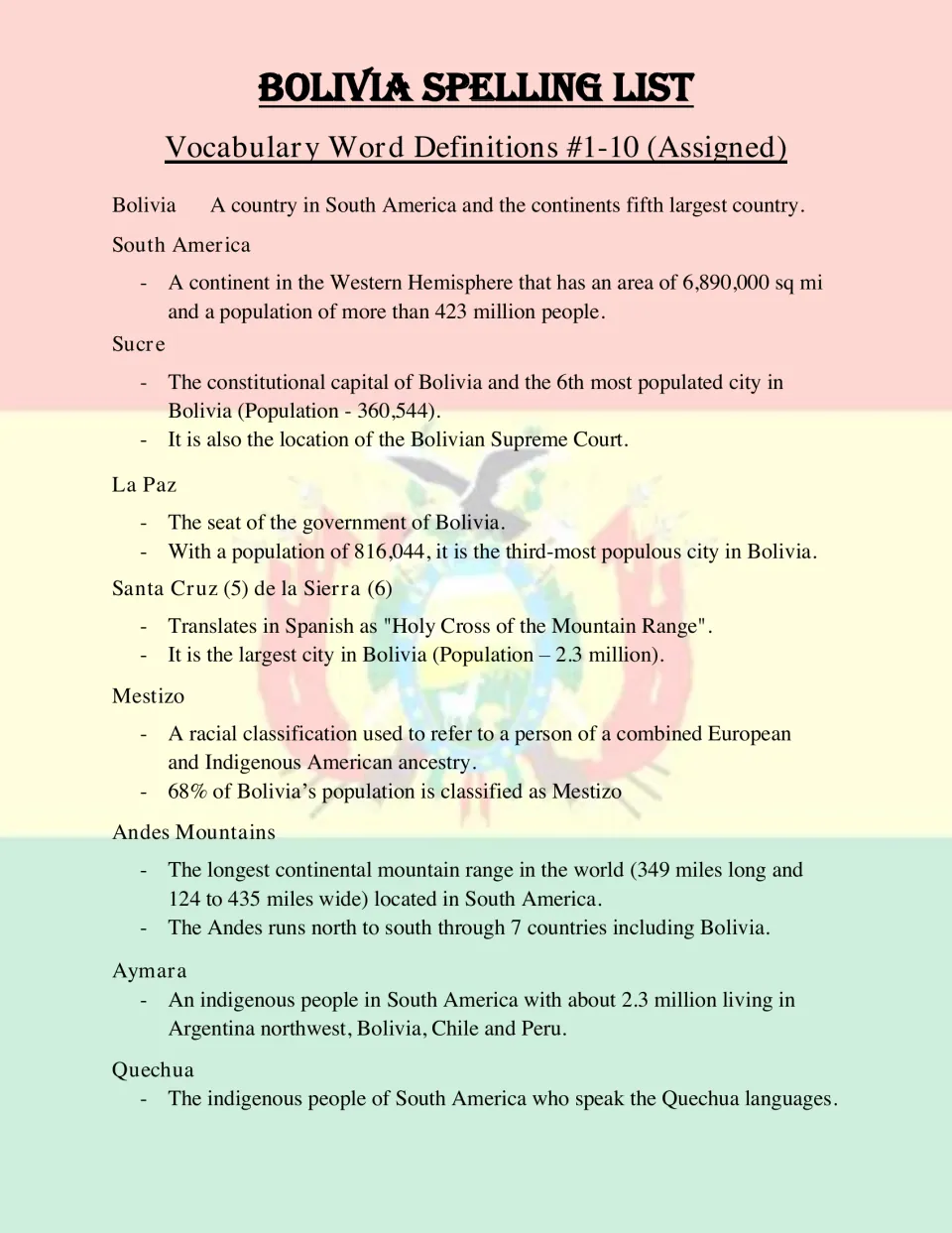 Definitions for assigned words 1-10, from Bolivia and Sucre to the Andes, Aymara and Quechua, with population facts