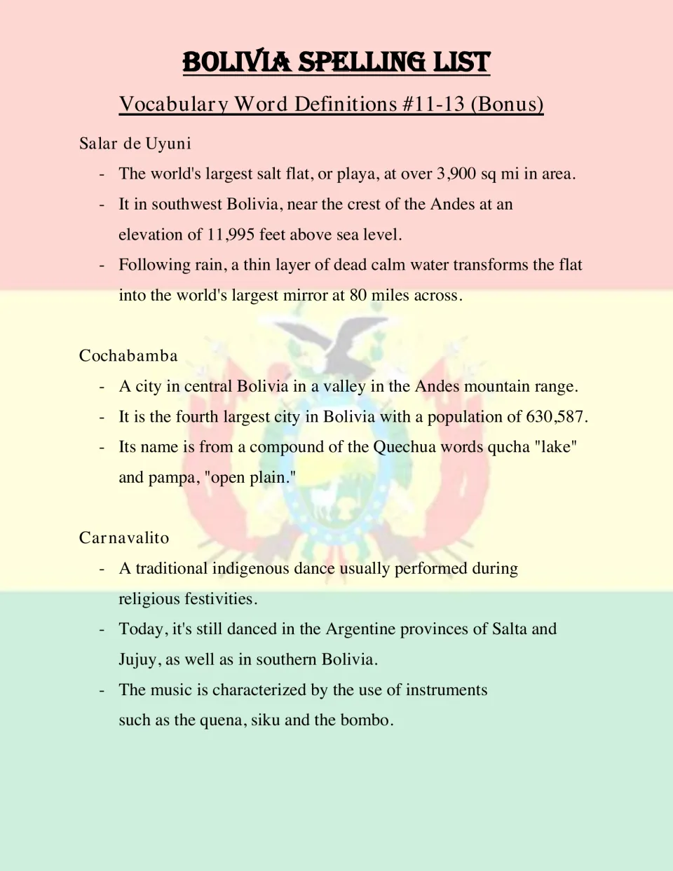 Bonus word definitions: Salar de Uyuni salt flat, Cochabamba city in the Andes and Carnavalito, a indigenous dance