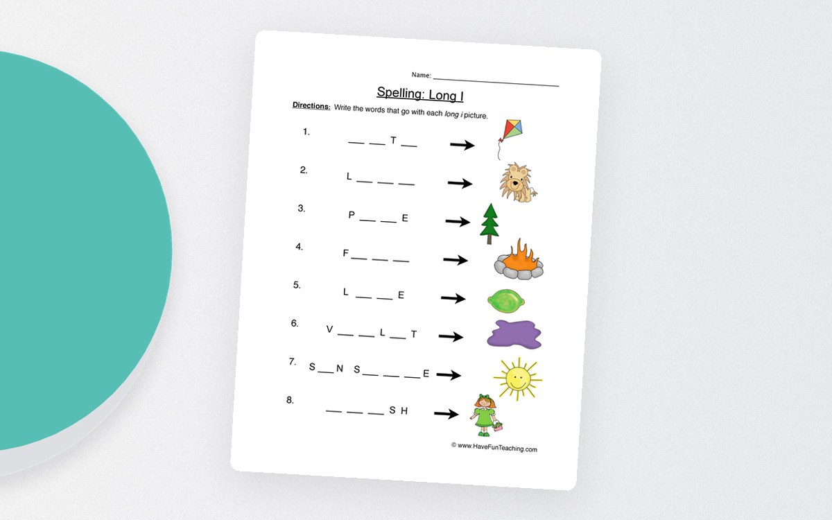 Spelling Long I Worksheet preview: A one-page set of long-I picture prompts