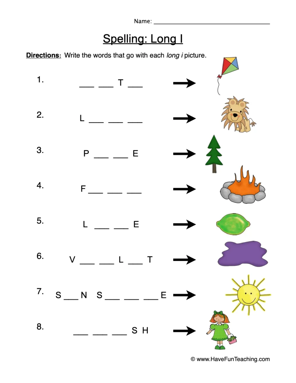Long i spelling: students fill in missing letters to spell 8 pictured words, such as kite, lion, pine, fire and lime