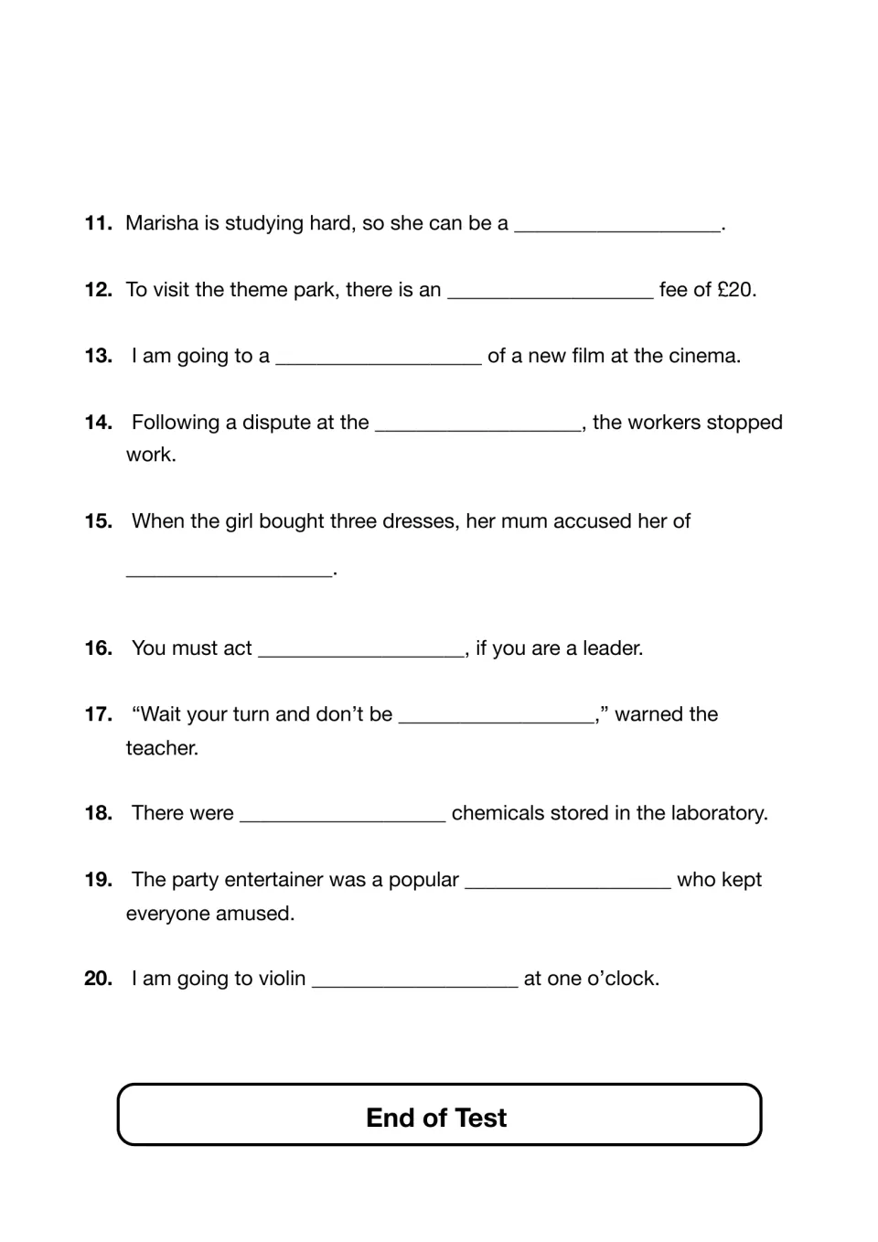 Spelling test items 11-20: students fill in the missing word in sentences about a theme park, a cinema and a laboratory