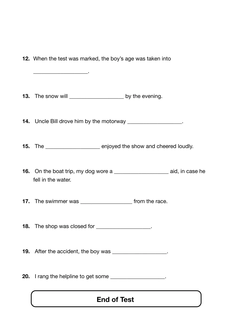 Spelling test items 12-20: students fill each blank with the dictated word in sentences about snow, a swimmer and a helpline