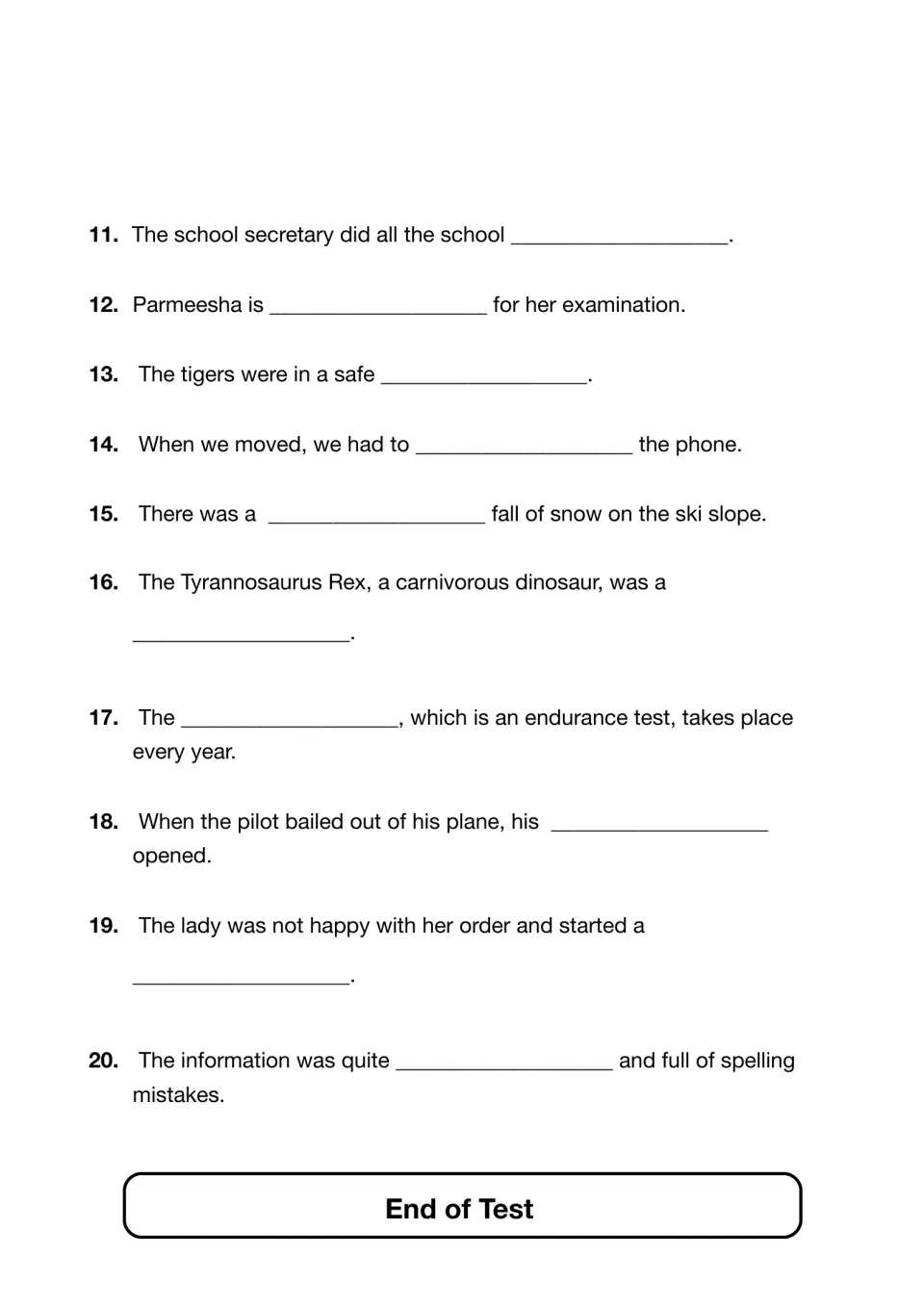 Spelling test, items 11-20: students write each dictated missing word in sentences about tigers, a ski slope and a pilot