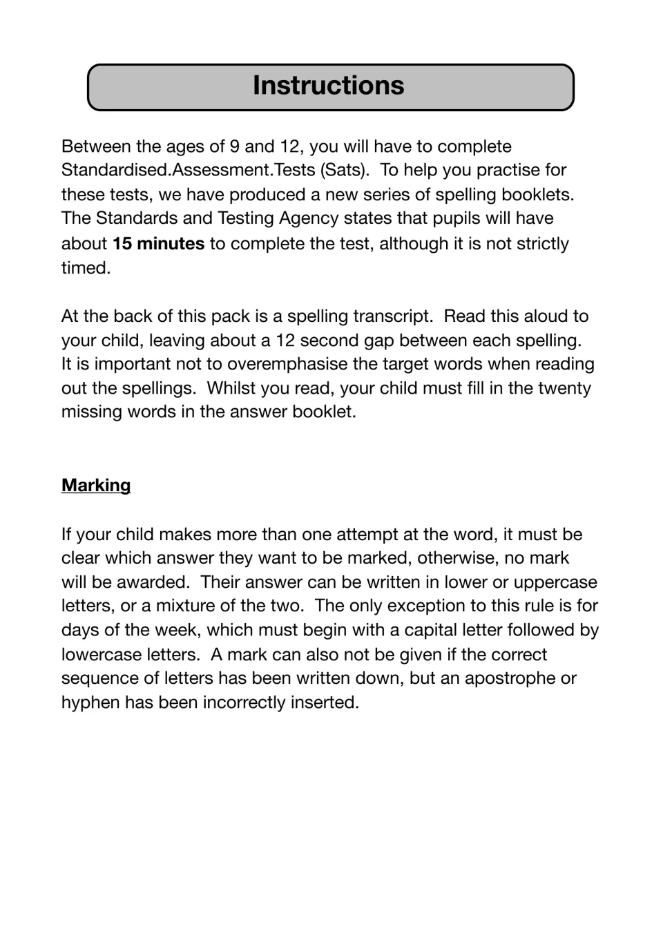 Instructions: adult reads the transcript aloud, 12 seconds apart, as the child fills 20 missing words; marking rules