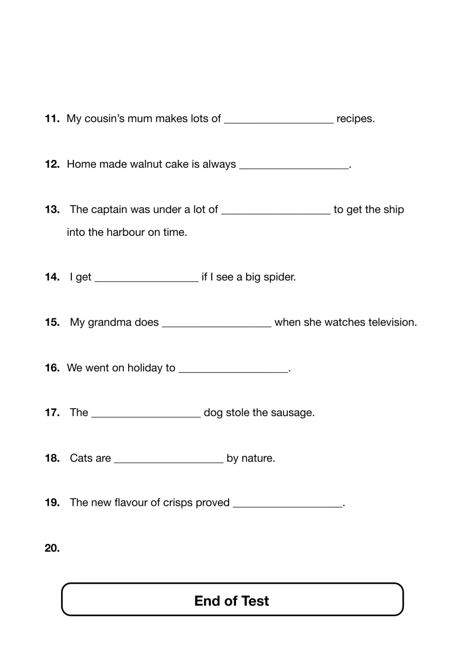 Spelling items 11-20: students write dictated words in sentences about walnut cake, a spider, cats and crisps