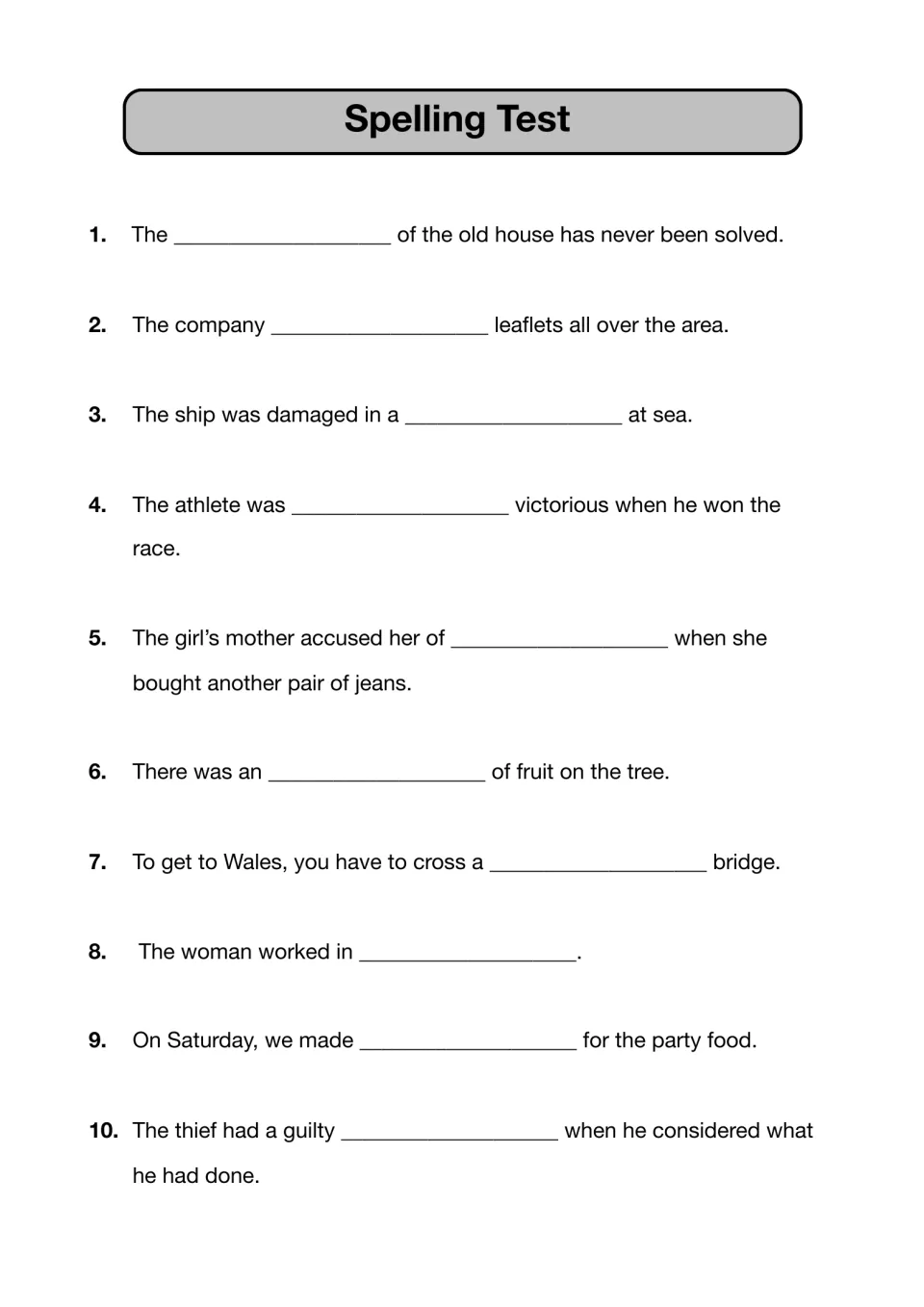 Spelling test items 1-10: students listen to dictated sentences and write the missing word, such as mystery or typhoon