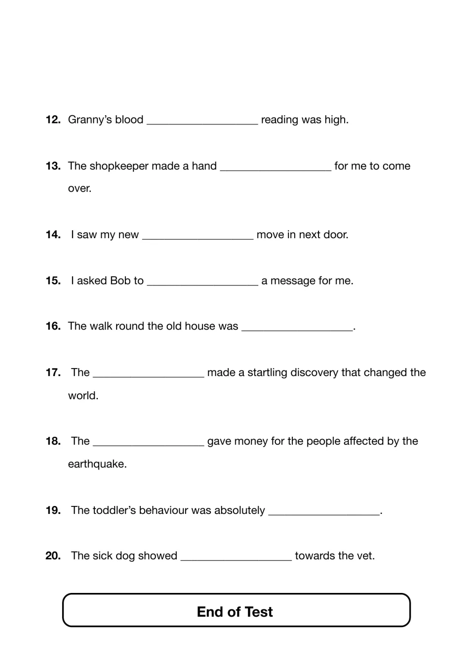 Spelling test sentences 12-20: students write each dictated missing word, e.g. Granny's blood ___ reading was high