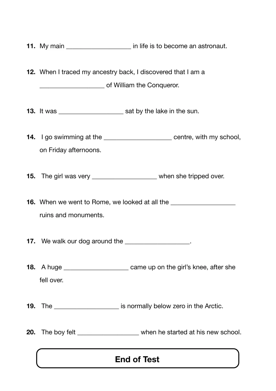 Spelling test items 11-20: students write the dictated missing word in sentences about Rome, the Arctic and more