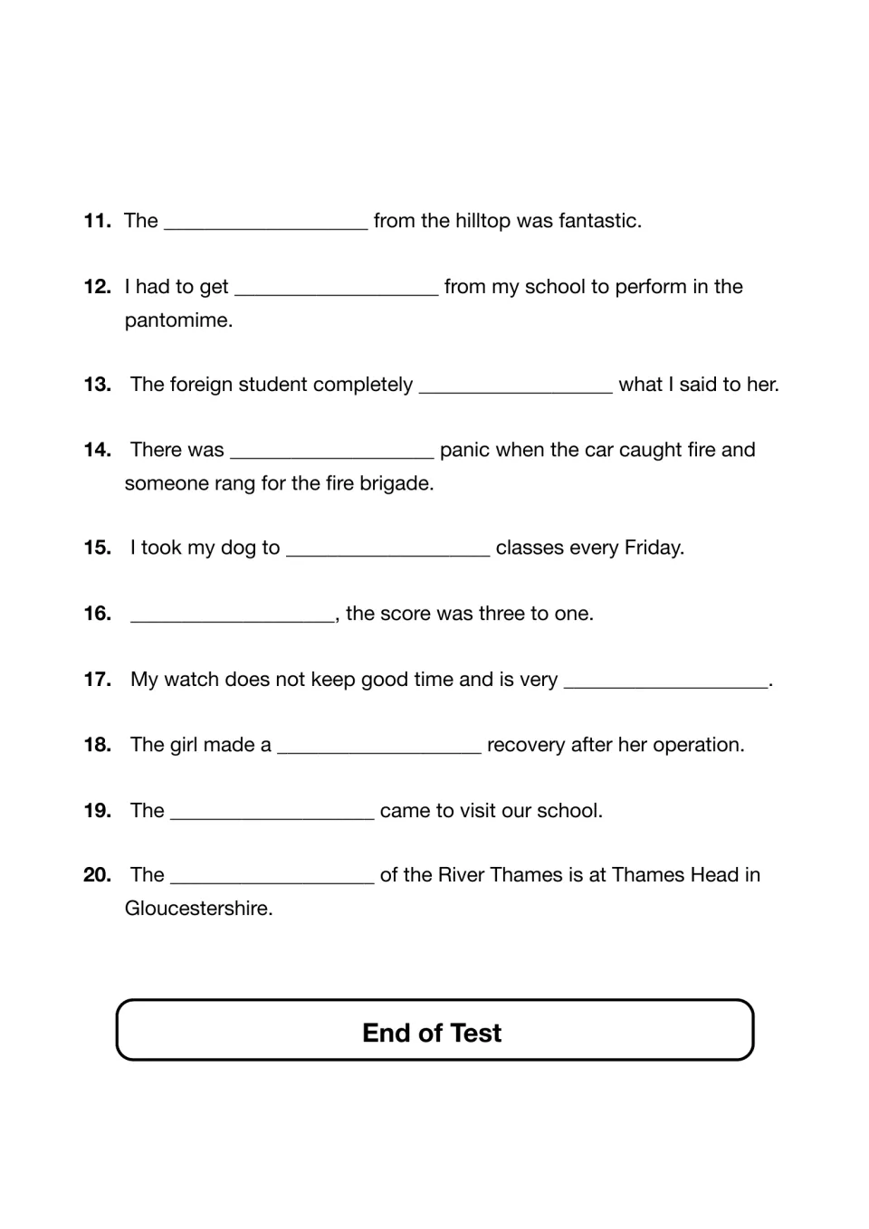 Spelling test items 11-20: students write the dictated word in sentences about a hilltop, a dog, a watch and the Thames