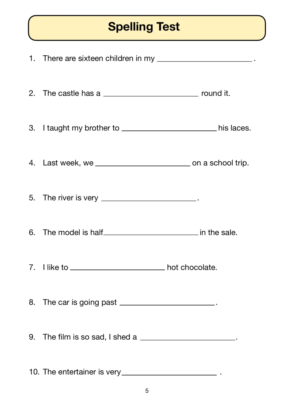 Spelling test items 1–10 ask students to complete sentences about a class, a castle, laces, and more.