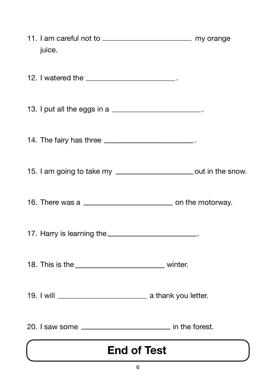Spelling test items 11–20 have missing words in sentences about orange juice, eggs, snow, and more.