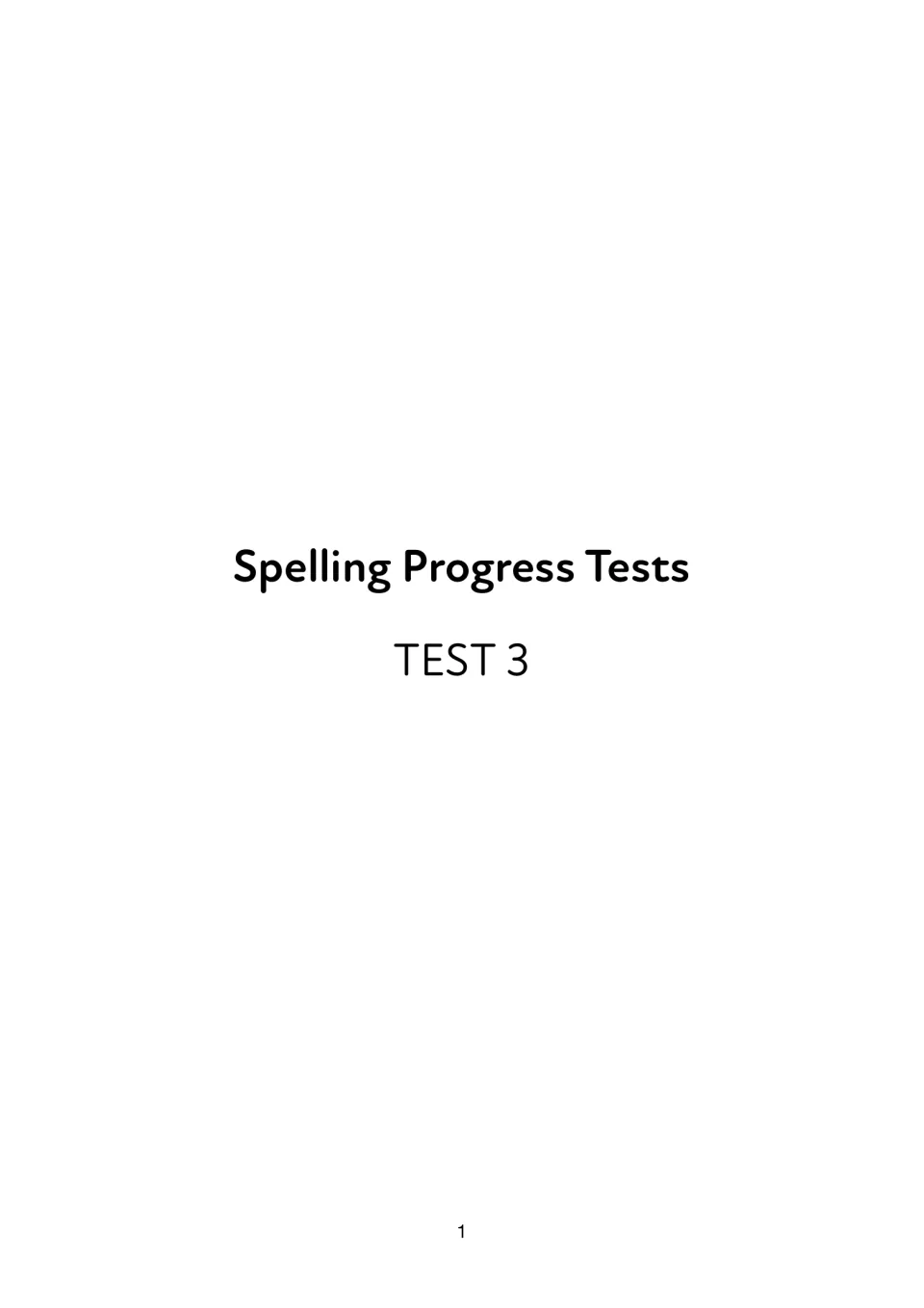 Spelling Progress Tests title page for Test 3, opening a pack with a spelling test booklet and a read-aloud transcript