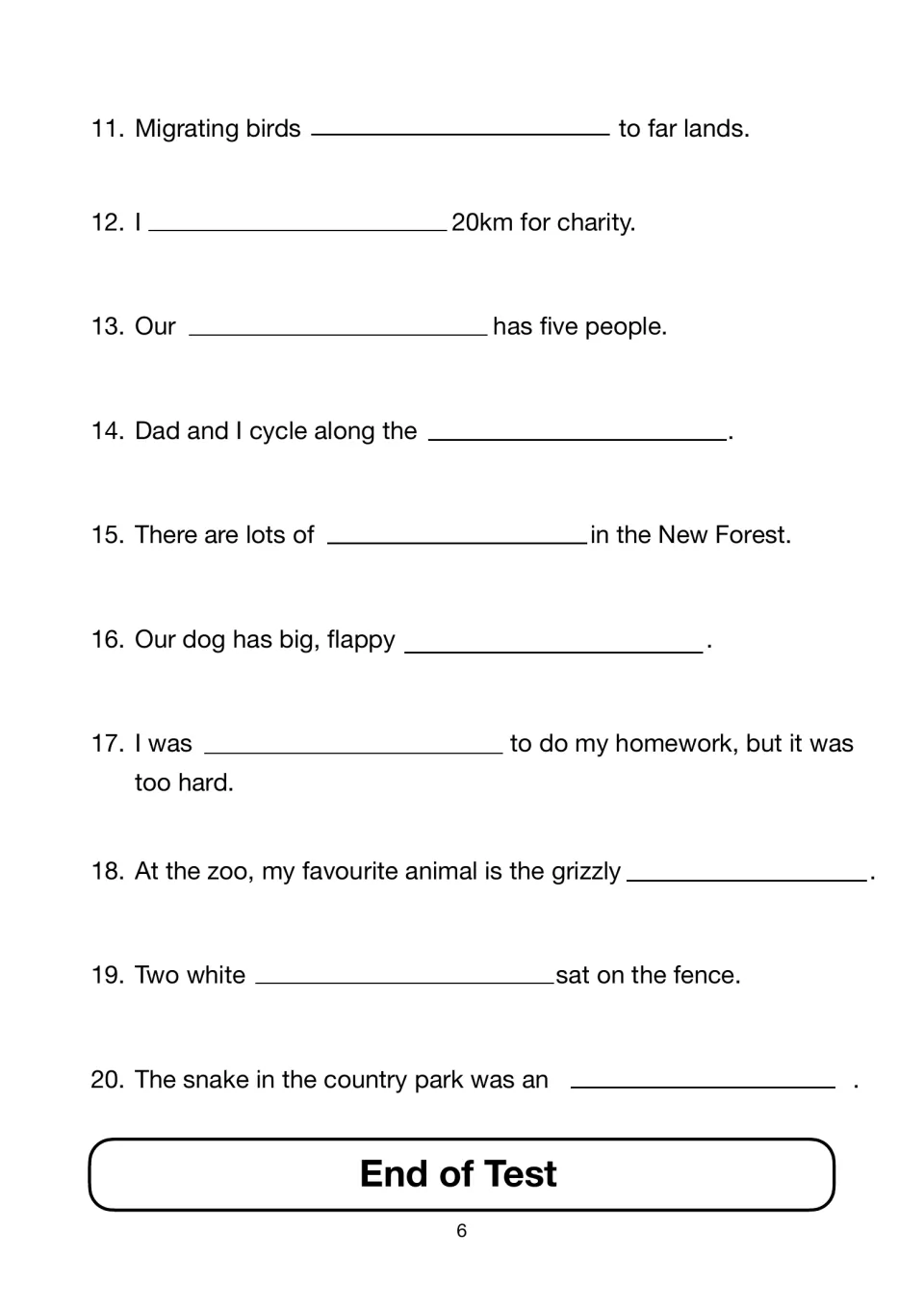 Spelling test items 11-20: pupils write the missing word in sentences about migrating birds, the New Forest and a zoo