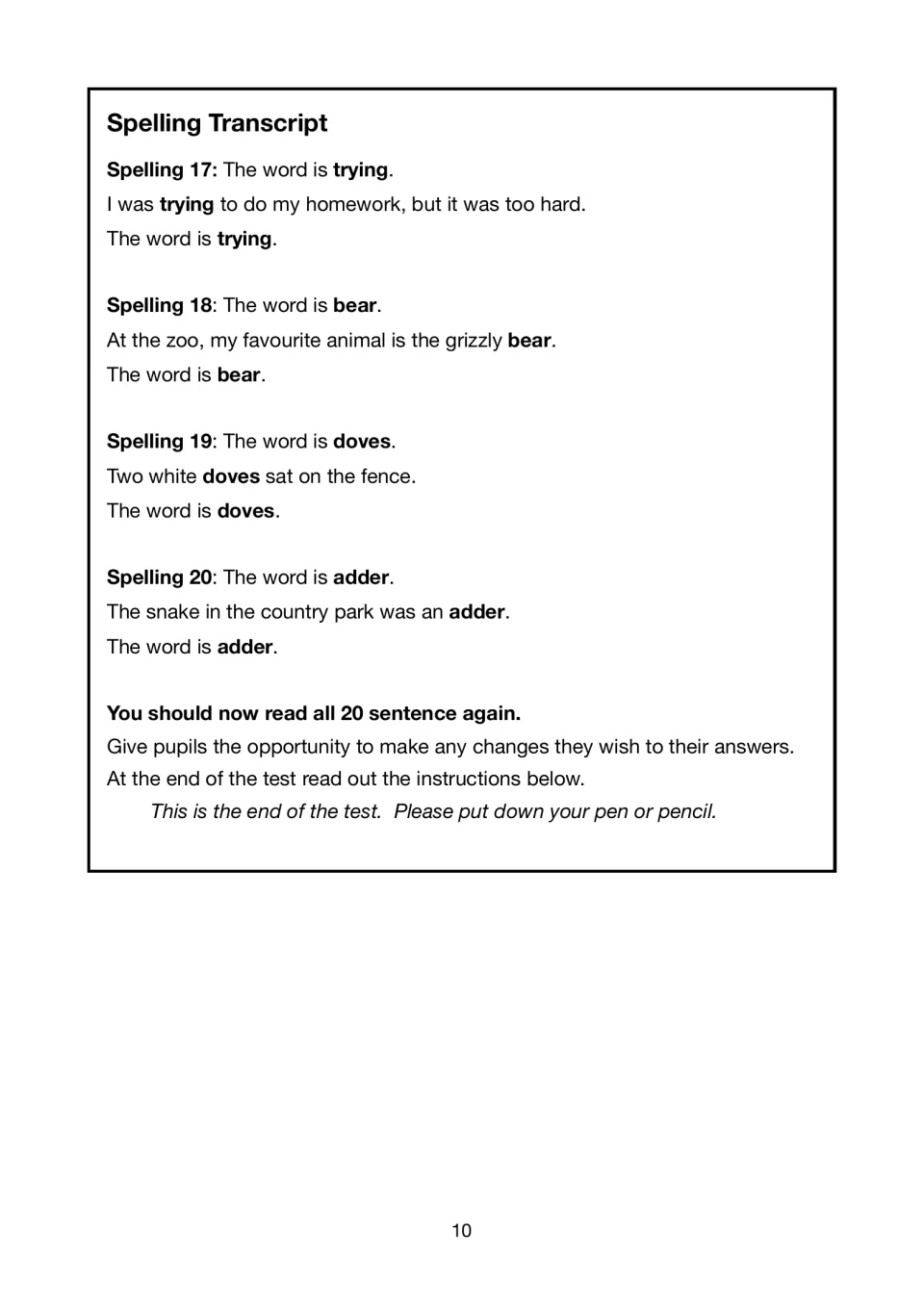 Spelling transcript for words 17-20 (trying, bear, doves, adder) with directions to reread all 20 sentences and end the test