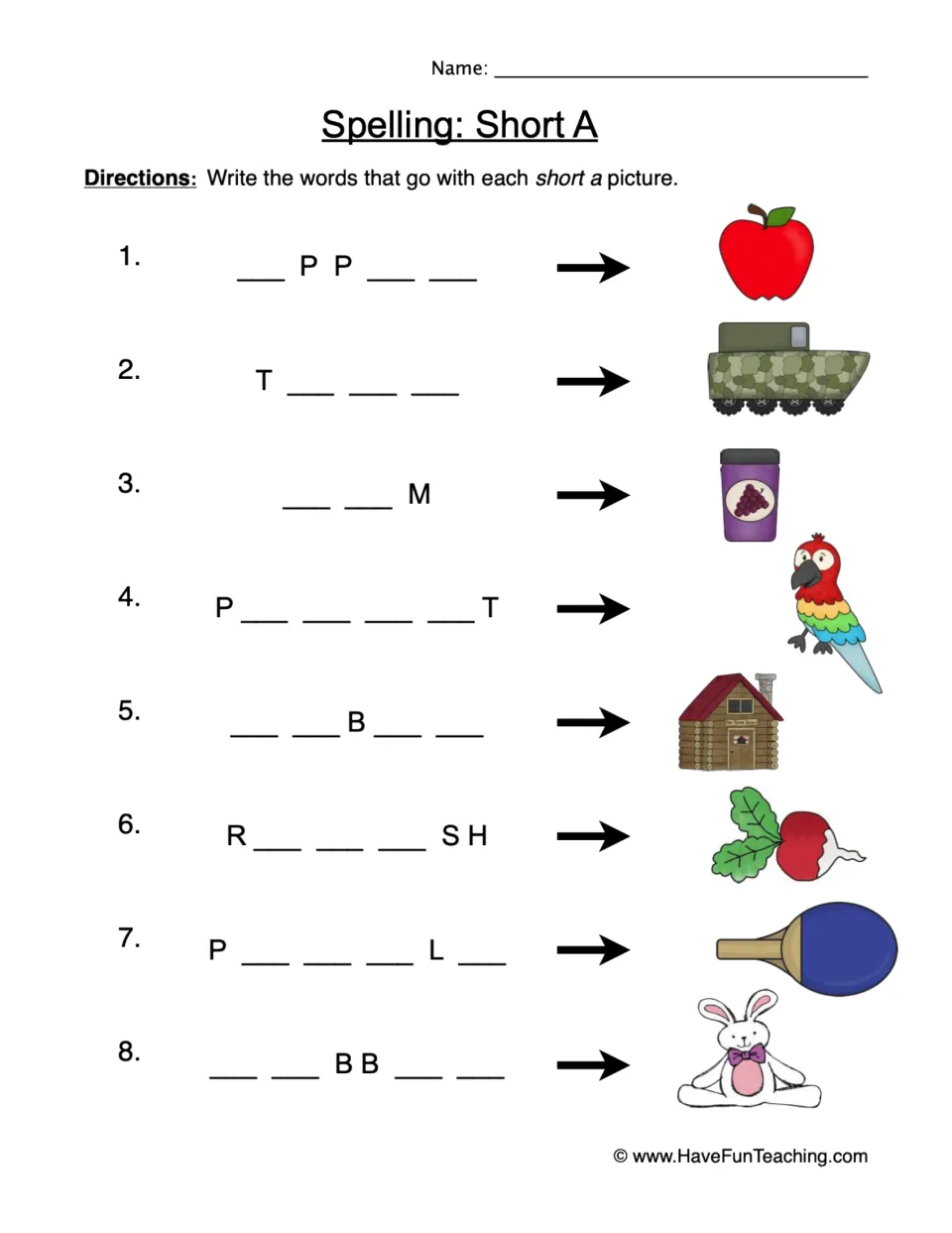Short A spelling practice: complete eight picture words, including apple, tank, jam, parrot, cabin, and radish.