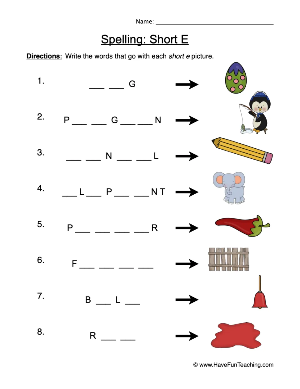 Short E spelling practice: complete eight picture words, including egg, penguin, pencil, elephant, and pepper.