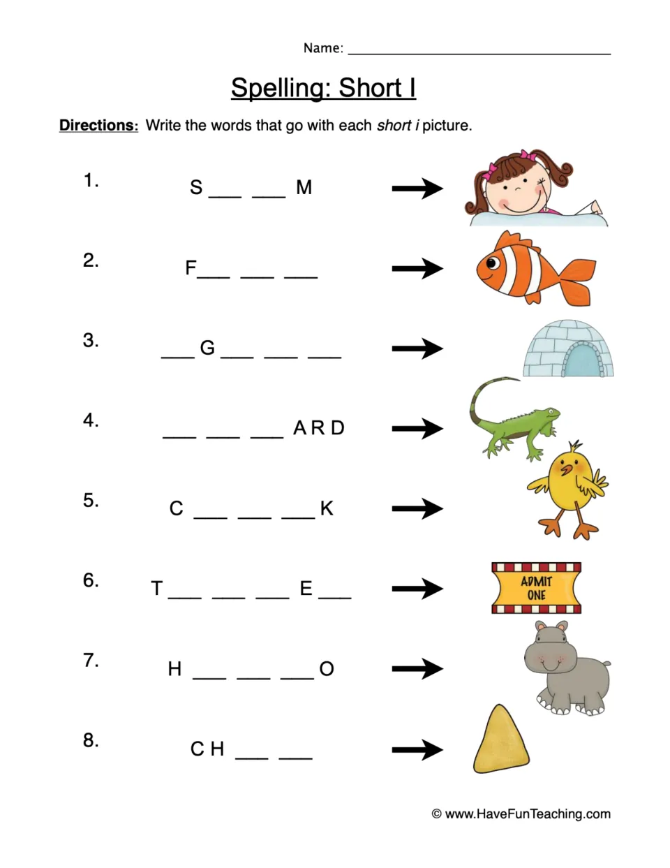 Short i spelling practice for eight picture words: swim, fish, igloo, lizard, chick, ticket, hippo, and chip.