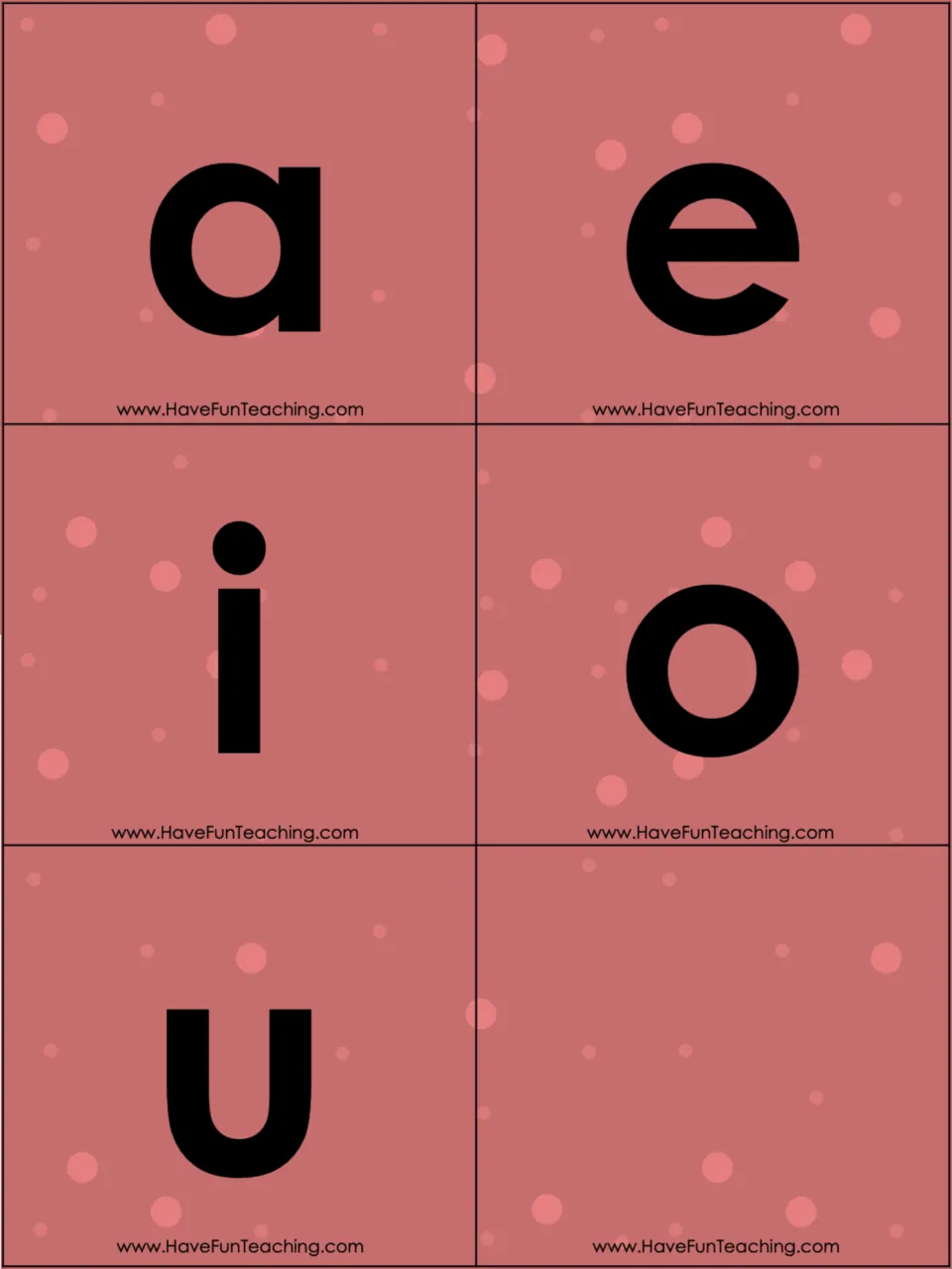 Red vowel cards showing lowercase a, e, i, o and u for students to try in the blank of each CVC word card