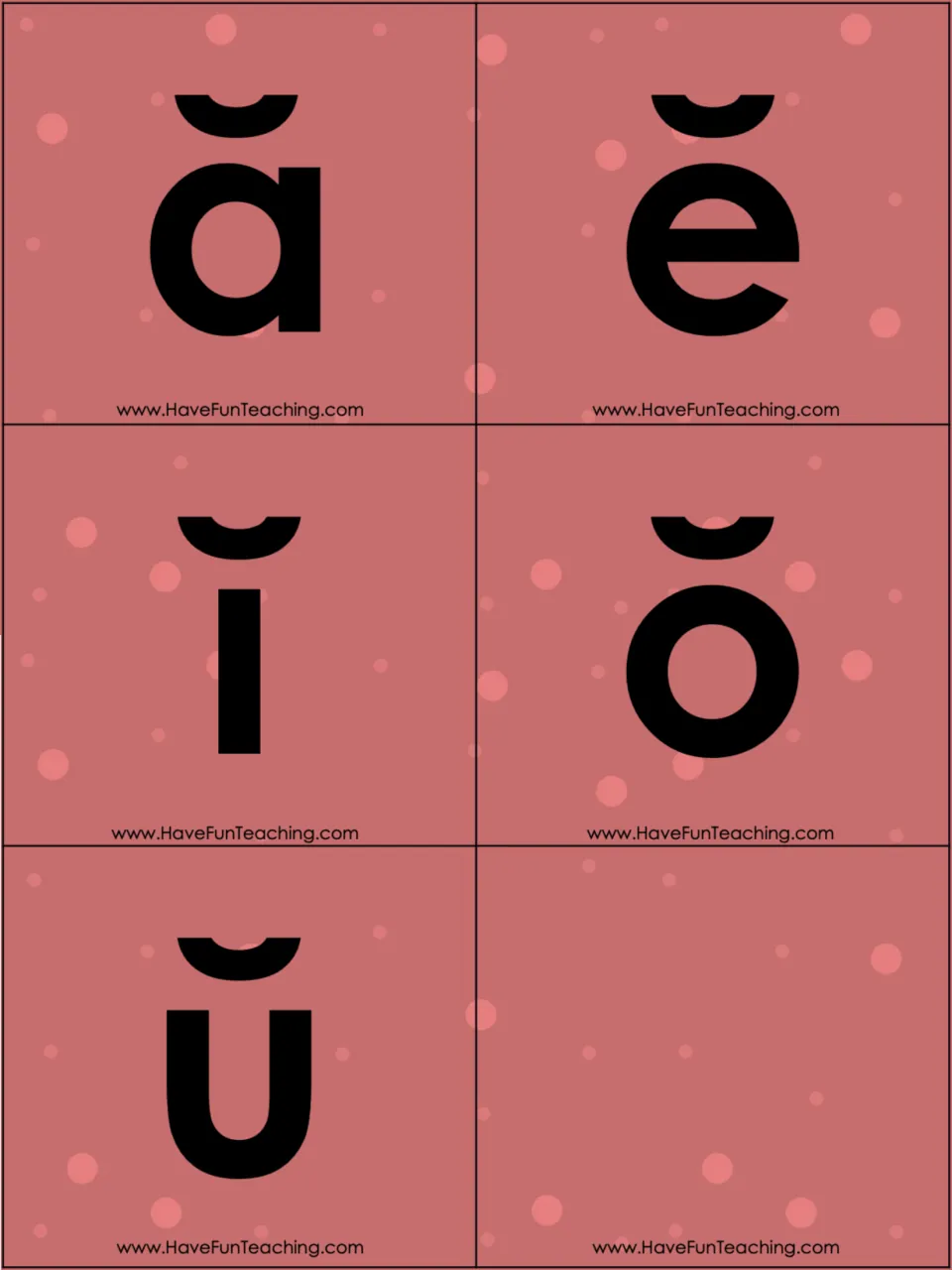 Short vowel cards marked with a breve: ă, ĕ, ĭ, ŏ and ŭ, used to sound out each CVC word with the right vowel sound