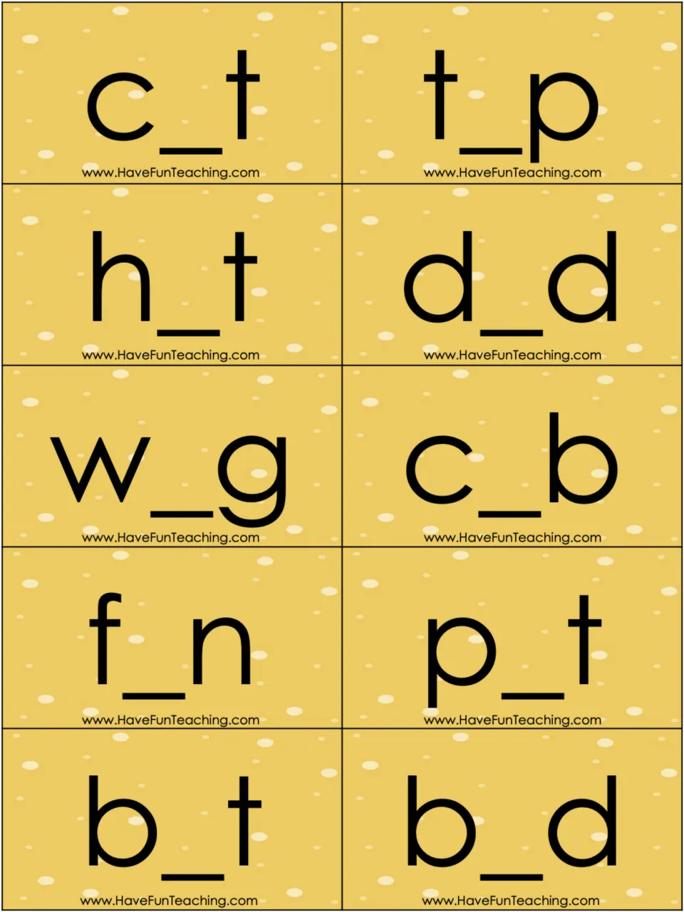 Yellow CVC word cards with a missing vowel: c_t, t_p, h_t, d_d, w_g, c_b, f_n, p_t, b_t and b_d for blending