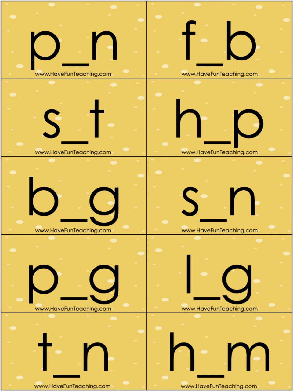 More yellow CVC cards with a vowel blank: p_n, f_b, s_t, h_p, b_g, s_n, p_g, l_g, t_n and h_m to blend and spell