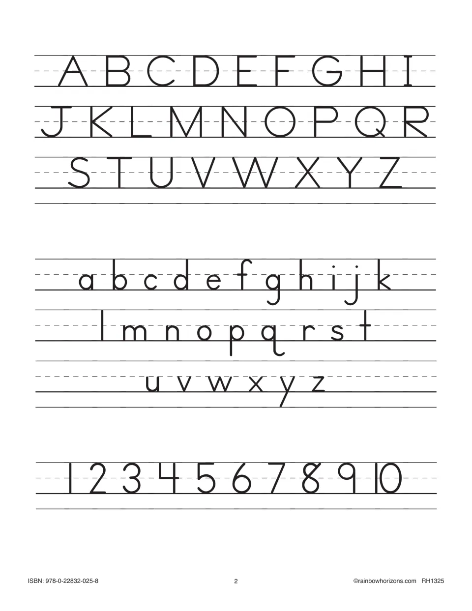 Handwriting reference for the spelling workbook showing uppercase A–Z, lowercase a–z, and numbers 1–10