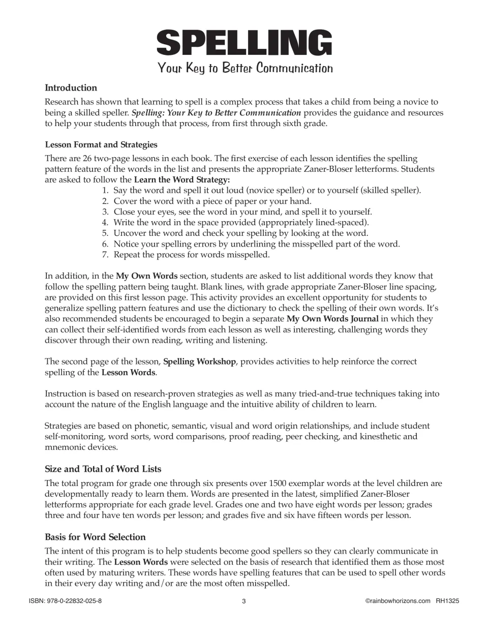 Spelling workbook introduction explaining 26 two-page lessons, the Learn the Word Strategy, and word selection