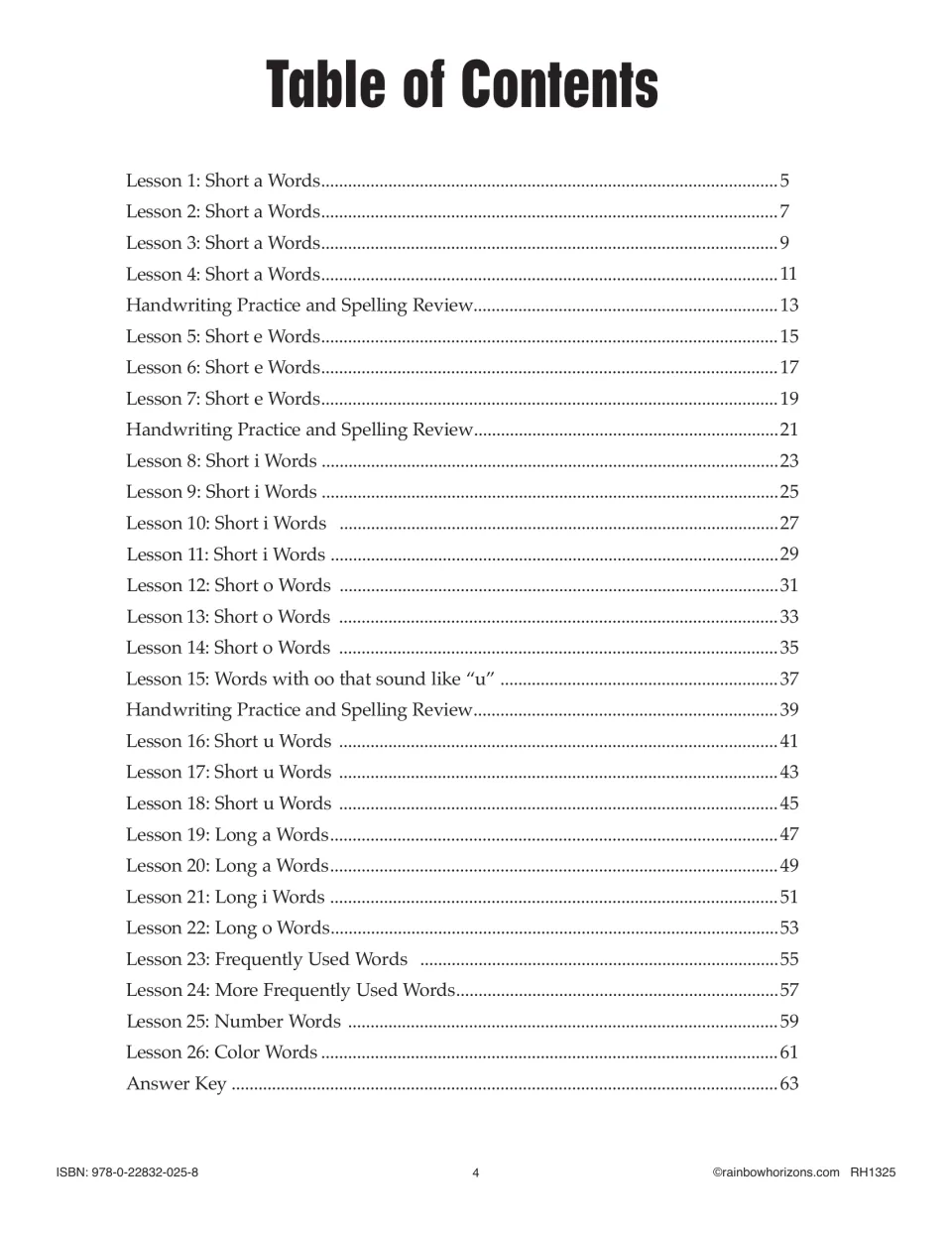 Spelling workbook contents listing 26 lessons on vowel patterns, frequent words, number words, and color words