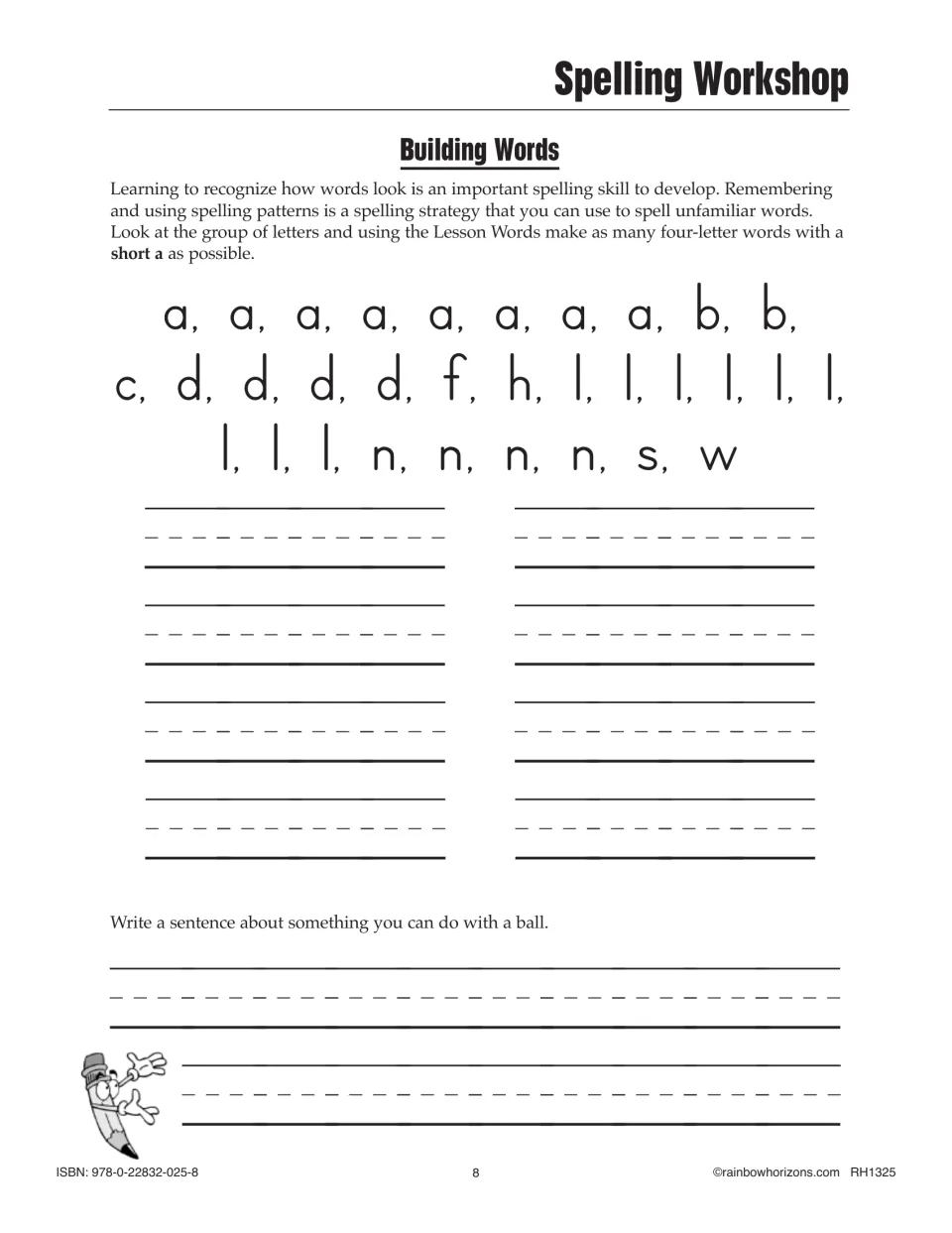 Lesson 2 Spelling Workshop asks students to build four-letter words and write about what they can do with a ball