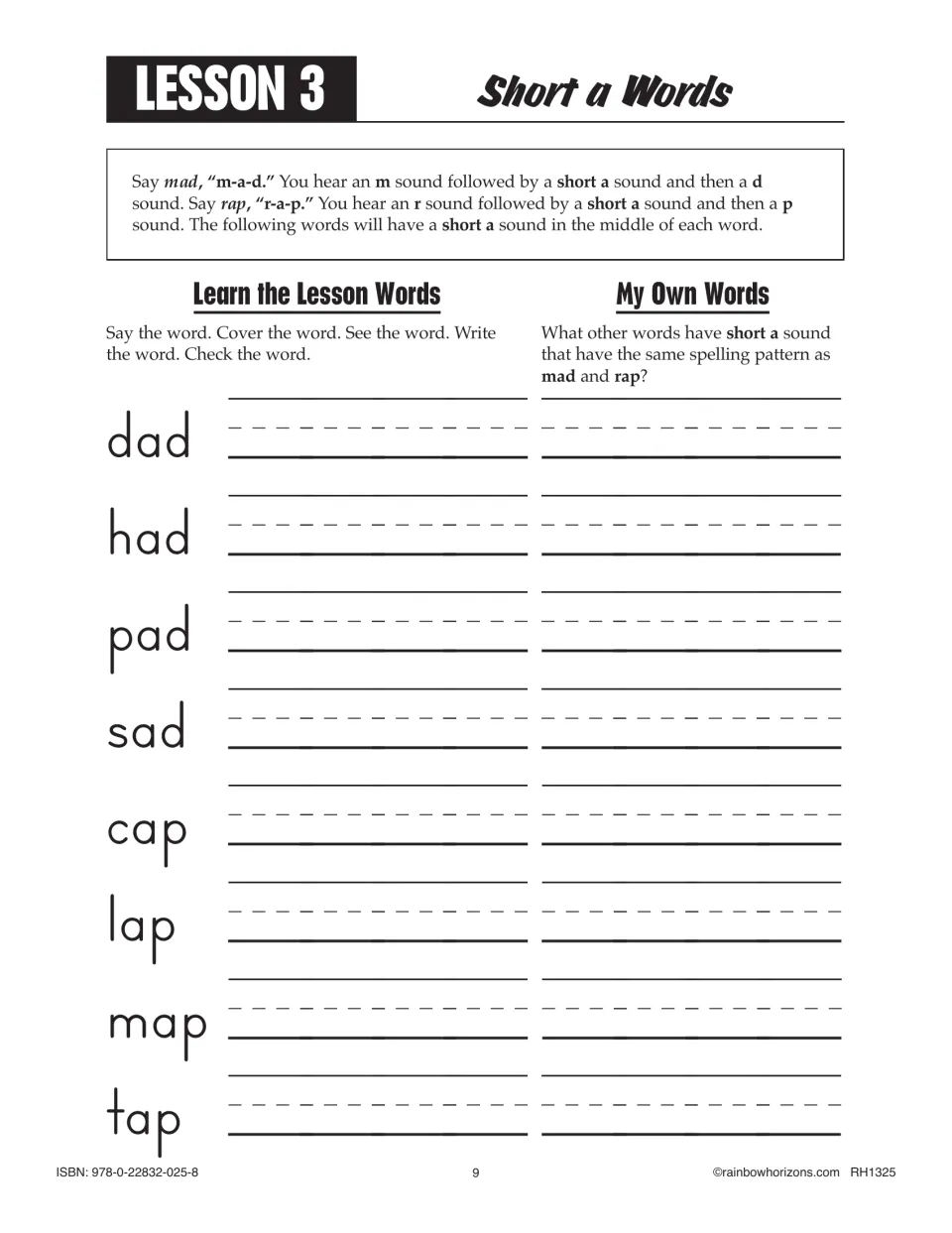 Lesson 3 spelling practice: dad, had, pad, sad, cap, lap, map, and tap, plus students' own short a words