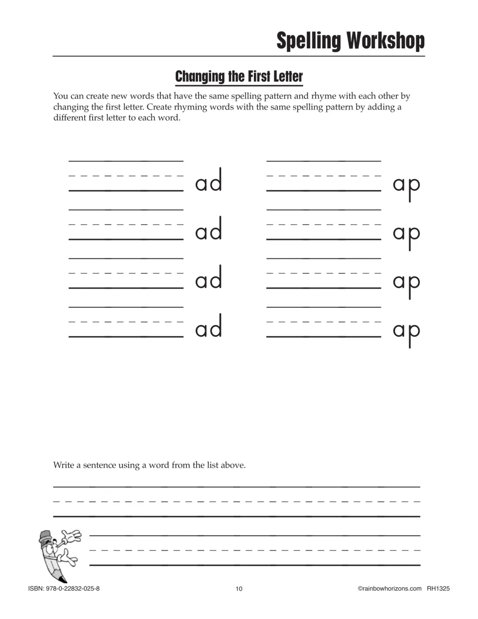 Lesson 3 Spelling Workshop asks students to add first letters to ad and ap and use a resulting word in a sentence