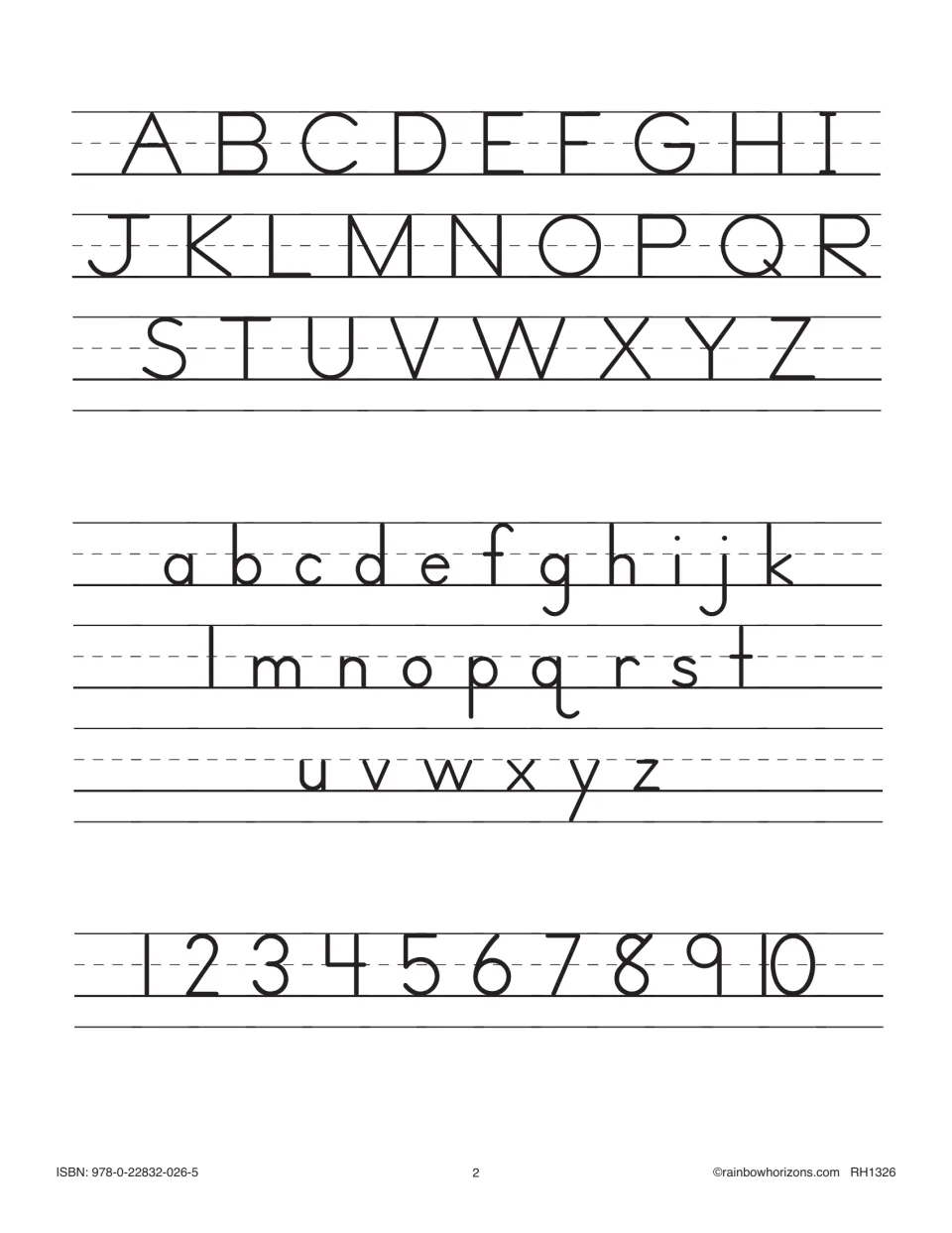 Manuscript letter guide: uppercase A to Z, lowercase a to z and numbers 1 to 10 modeled for letter formation