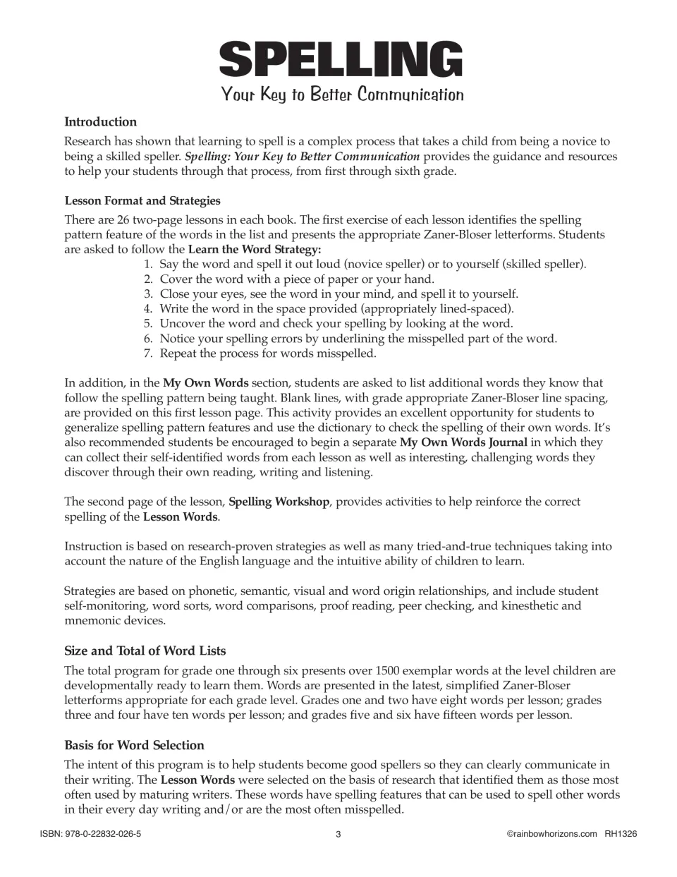 Teacher introduction: explains the 26 two-page lessons, the 7-step Learn the Word Strategy and how word lists were chosen