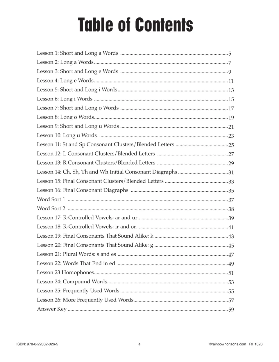Table of contents listing 26 spelling lessons, from short and long a words to frequently used words, plus 2 word sorts