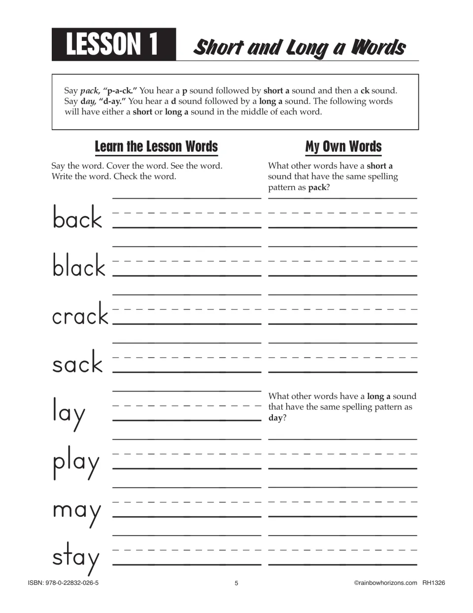 Lesson 1, short and long a: students copy back, black, crack, sack, lay, play, may, stay and list more -ack and -ay words